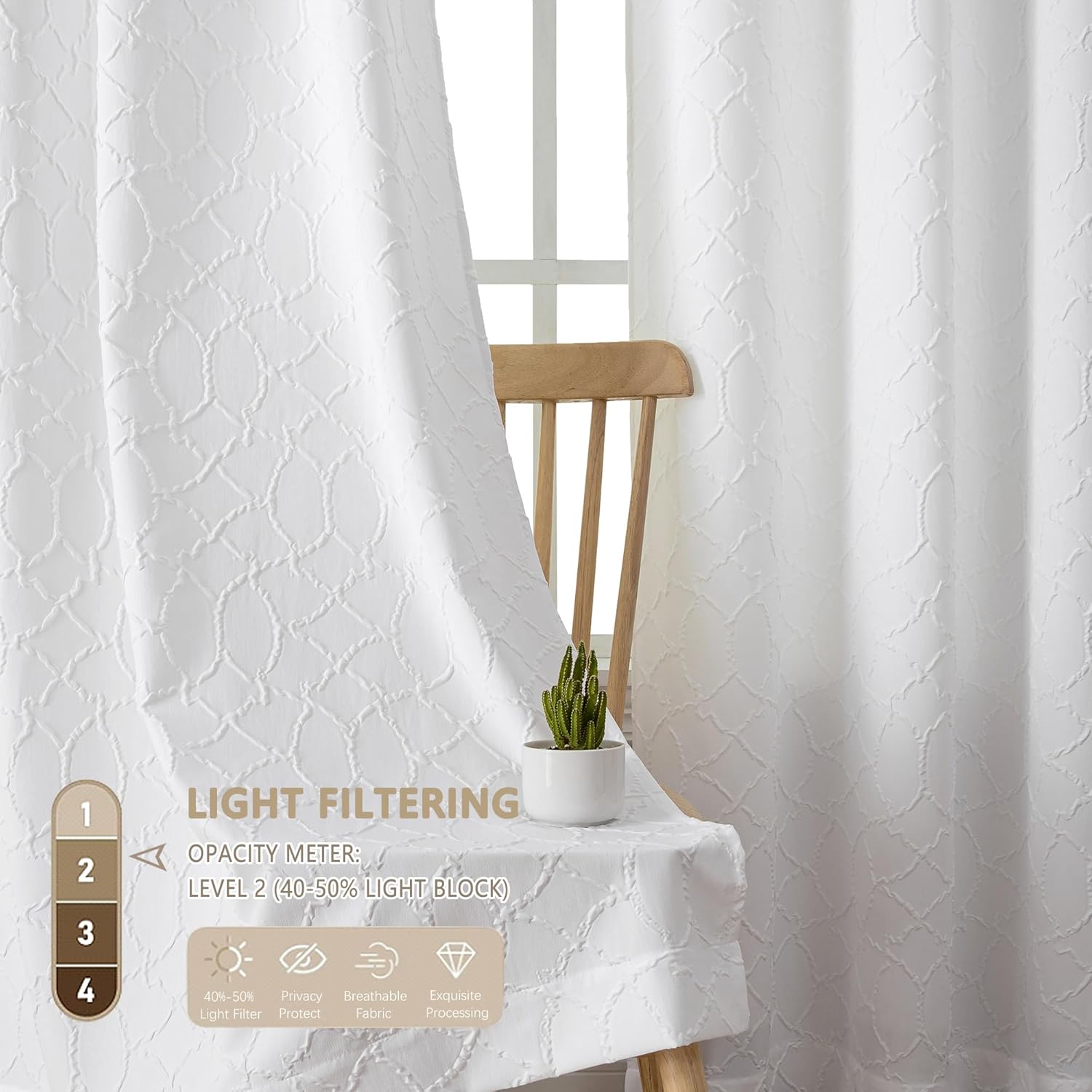 Grace – Cortinas blancas filtrantes de luz para sala de estar, juego de 2 paneles de 84 pulgadas de largo, cortinas y paneles de tela suave
