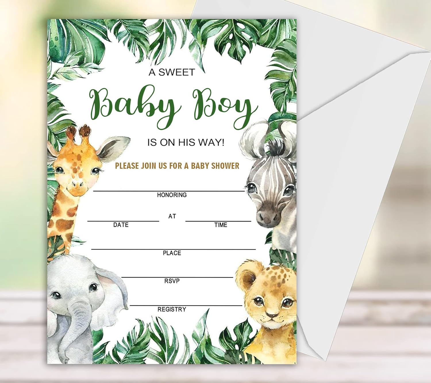 Invitaciones de baby shower para niño, tarjetas de relleno de animales de la selva con sobres, de madera, juego de 25.