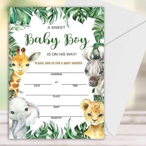 Invitaciones de baby shower para niño, tarjetas de relleno de animales de la selva con sobres, de madera, juego de 25. Invitaciones de baby shower para niño, tarjetas de relleno de animales de la selva con sobres, de madera, juego de 25.
