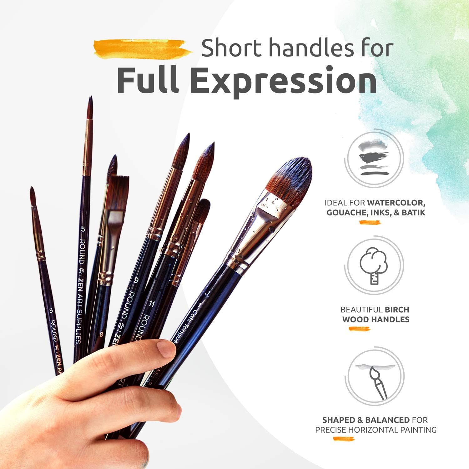 ZenART – Juego de pinceles de acuarela profesional  14 pinceles de madera de abedul y pinceles de pintura sintética, incluye cuchillo de paleta
