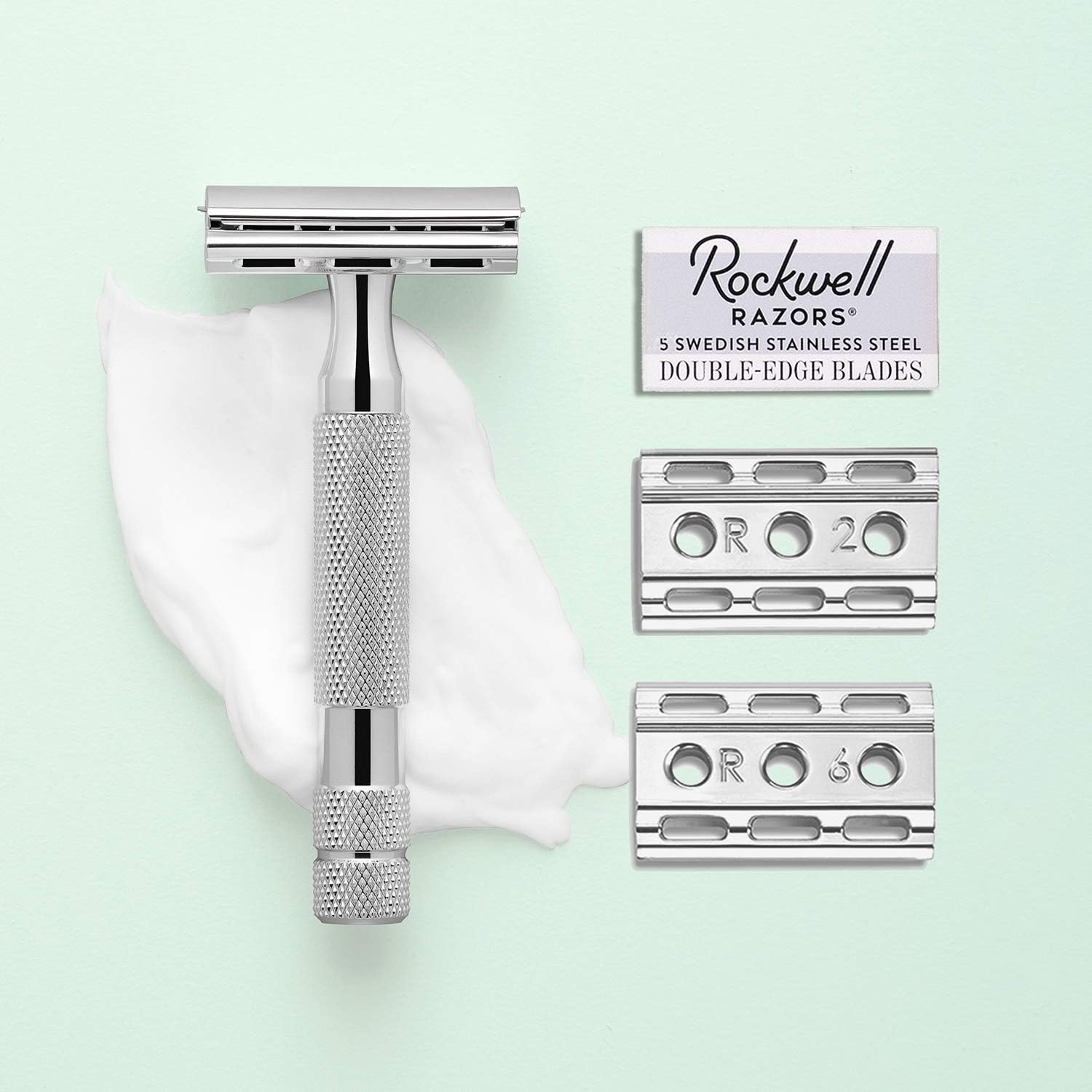 Rockwell Razors 6C – Maquinilla de afeitar de seguridad de doble filo cromado blanco para hombres y mujeres con 6 ajustes de afeitado ajustables y 5