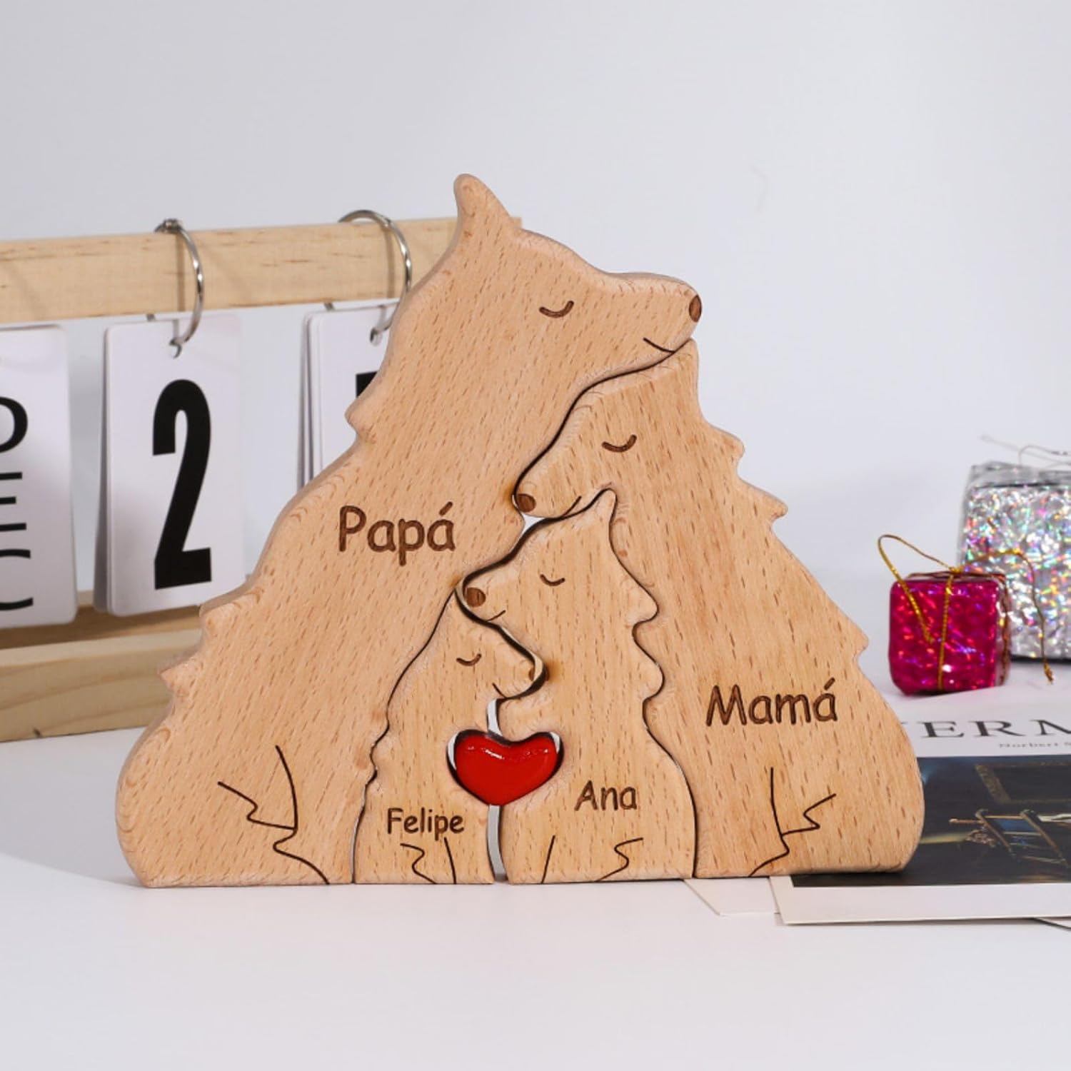 Rompecabezas personalizado con nombre de familia  Rompecabezas de madera de lobo  Rompecabezas de madera personalizable de roble pieza decorativa