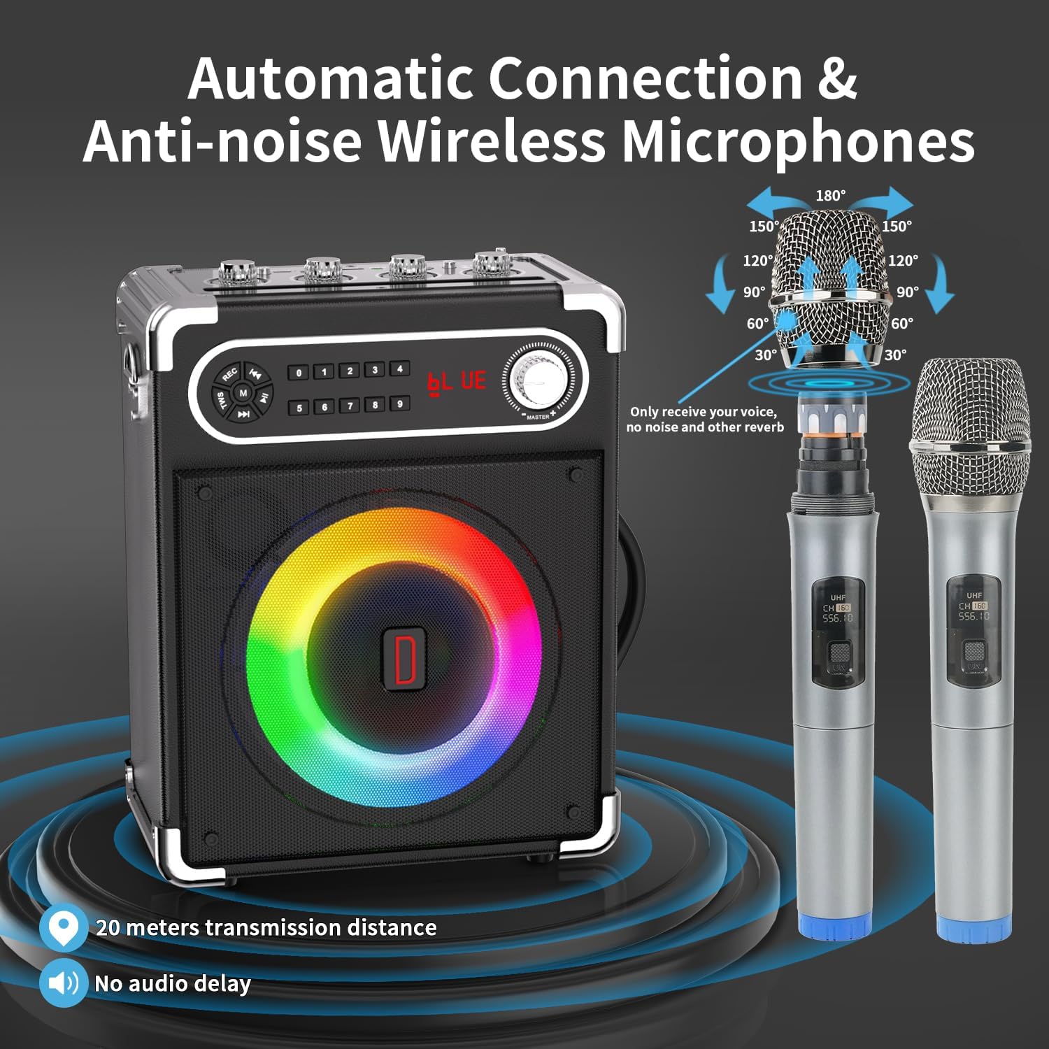 Máquina de karaoke con 2 micrófonos inalámbricos, altavoz portátil Bluetooth 5.1 para adultos y niños, ajuste de gravesagudos, sistema PA con