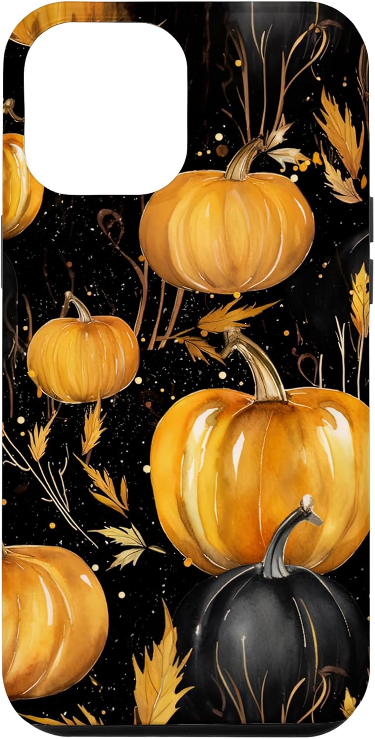 Carcasa estética para iPhone 12 Pro Max con diseño de calabazas y hojas de otoño