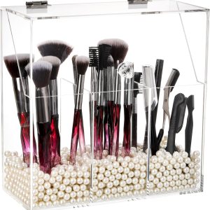 Okllen Soporte para brochas de maquillaje con tapa a prueba de polvo, perlas blancas, organizador de brochas de maquillaje acrílico transparente con Okllen Soporte para brochas de maquillaje con tapa a prueba de polvo, perlas blancas, organizador de brochas de maquillaje acrílico transparente con