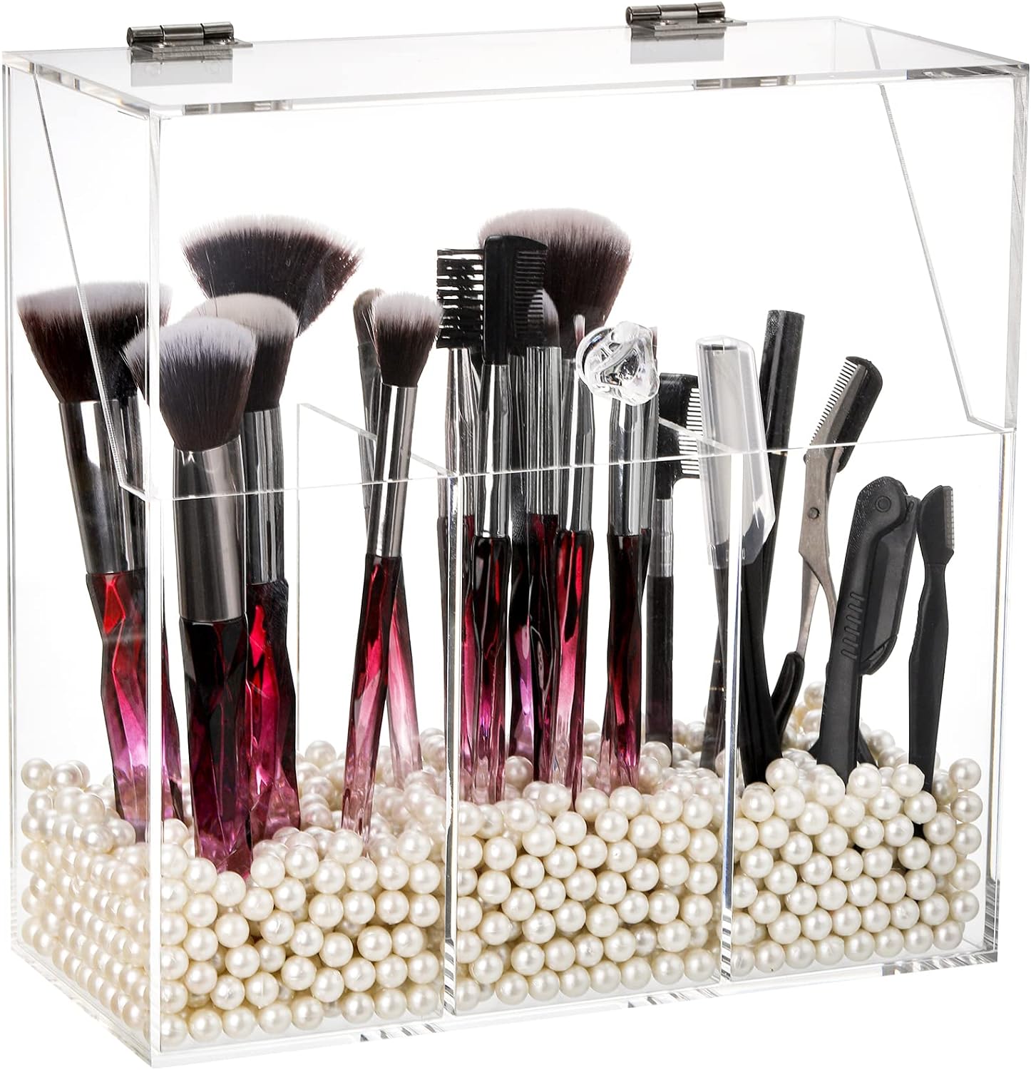 Okllen Soporte para brochas de maquillaje con tapa a prueba de polvo, perlas blancas, organizador de brochas de maquillaje acrílico transparente con