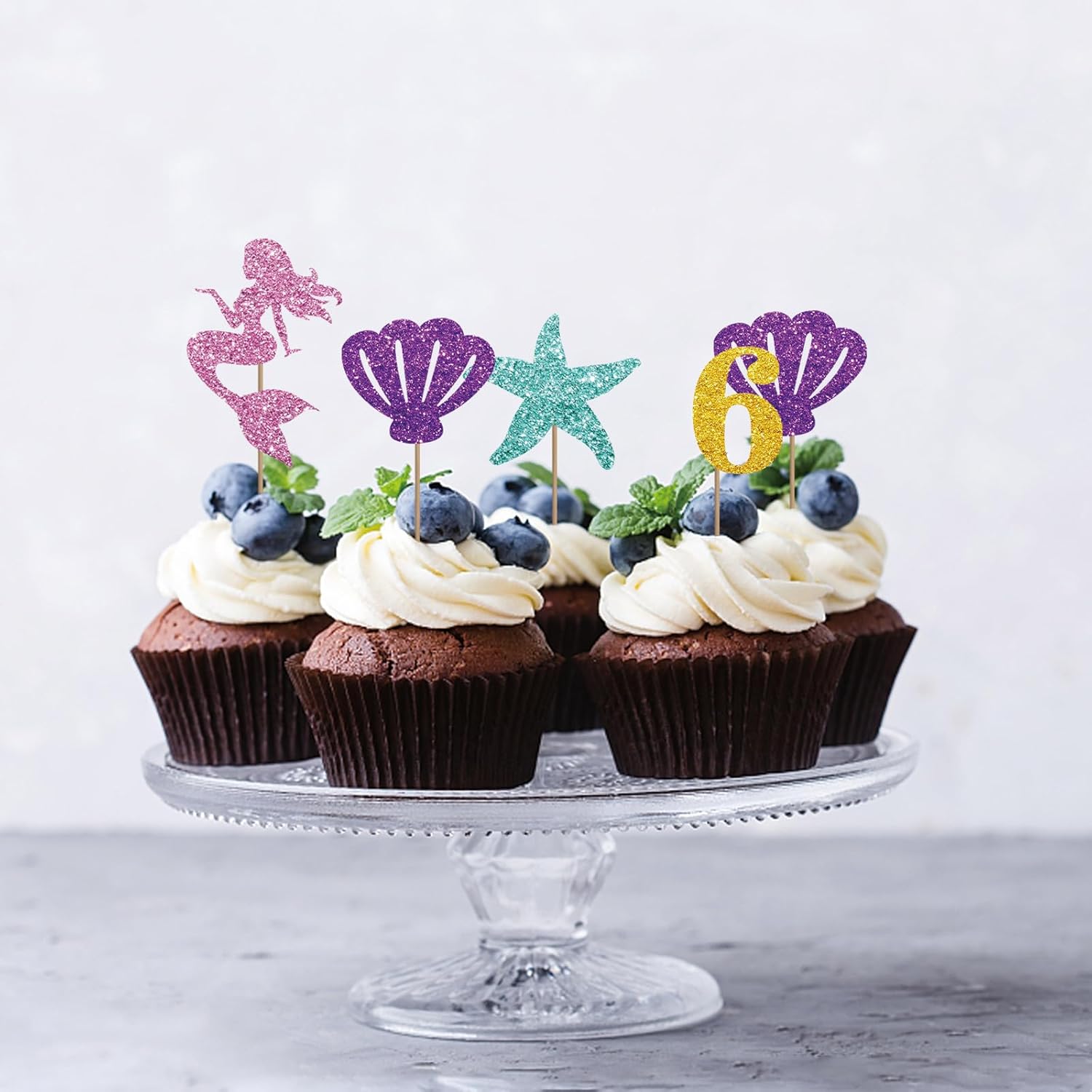 24 decoraciones de sirena para cupcakes de 6 cumpleaños, decoración de 6 magdalenas de sirena con purpurina rosa y dorada, decoración de pastel de