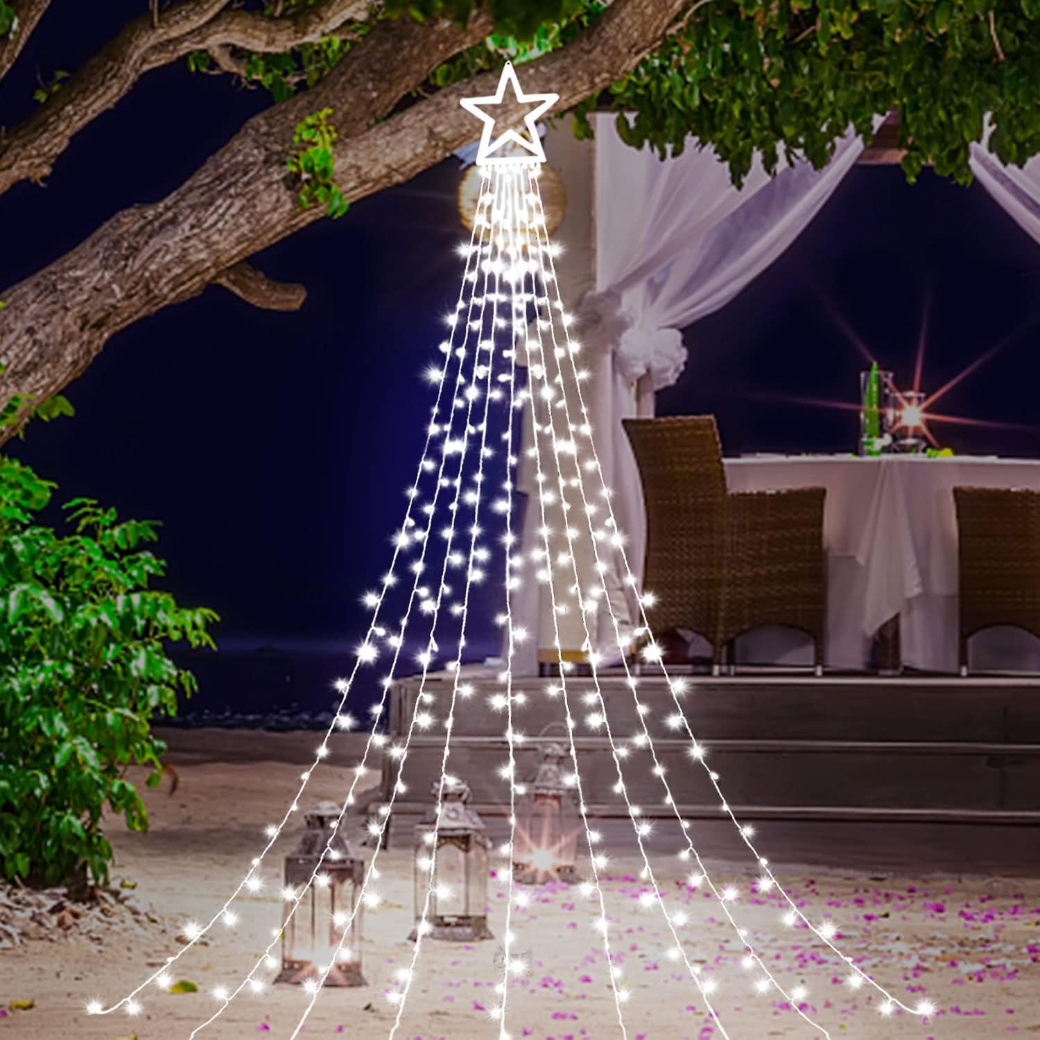 Guirnalda de luces de estrella para decoración de Navidad al aire libre, 317 luces LED de 11.5 pies con 8 modos de iluminación de memoria y