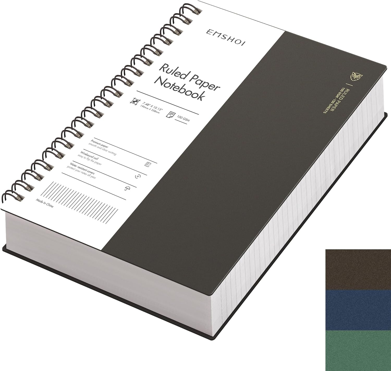 EMSHOI Cuaderno de espiral B5 con rayas universitarias, tamaño grande de 7.48 x 10.15 pulgadas, 300 páginas150 hojas, papel grueso de 3.53 ozm, tapa