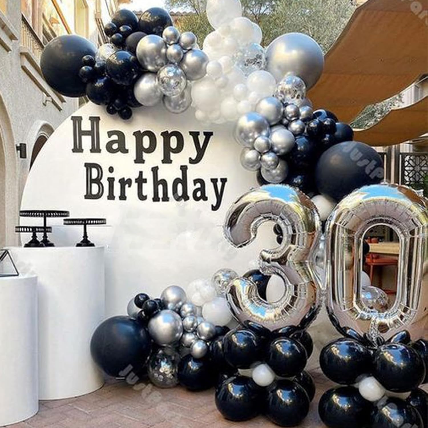 Paready Globos negros y plateados, 30 globos de fiesta negros y blancos de 12 pulgadas, globos de látex metálicos plateados y blancos, globos de