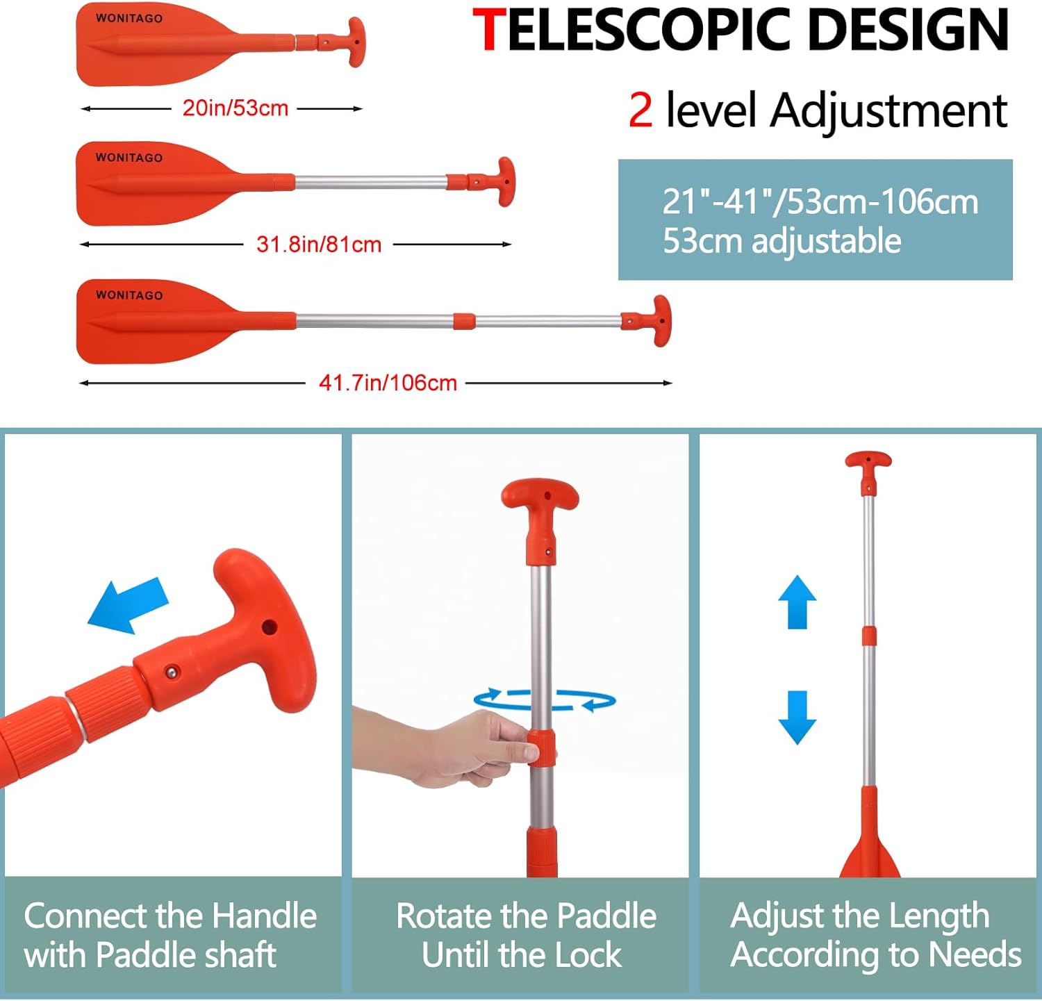 Remo telescópico de emergencia para kayak, remo flotante de aluminio con cuchillas de plástico para kayak, canoa, barco, 40.9 in41 pulgadas