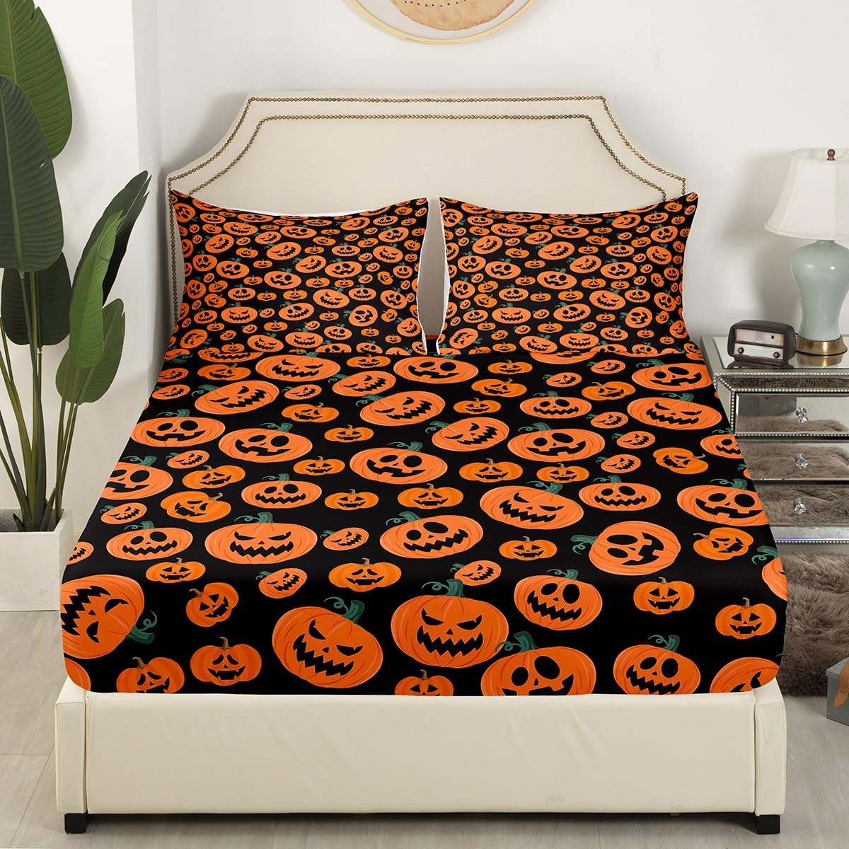 Feelyou Juego de sábanas de Halloween tamaño King con farol de calabaza para niños y niñas, sábanas de truco o trato con sábana bajera de bolsillo