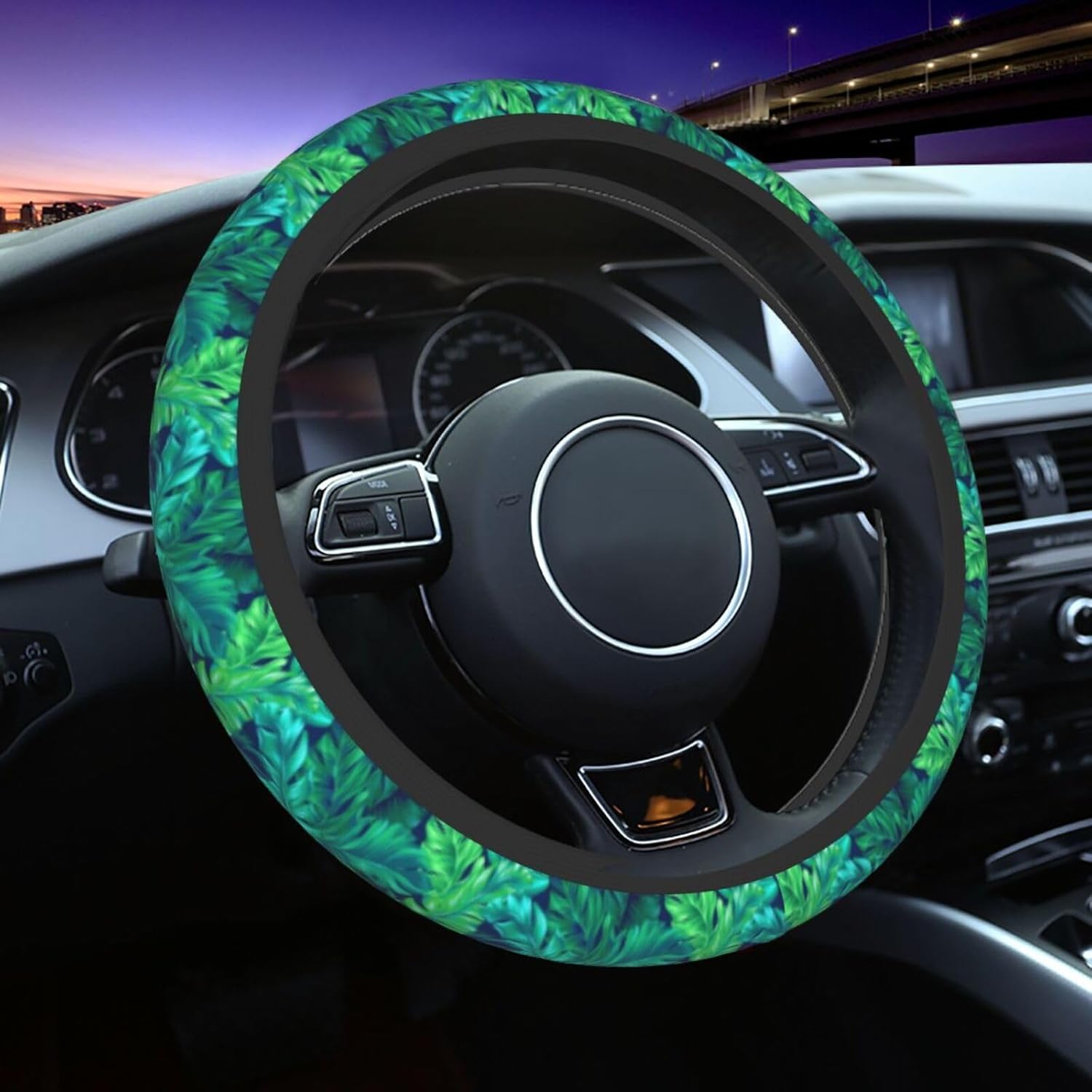 Funda de volante de verano con hojas hawaianas tropicales, diseño de hojas turquesas, accesorios de automóvil, lindos accesorios para mujeres y