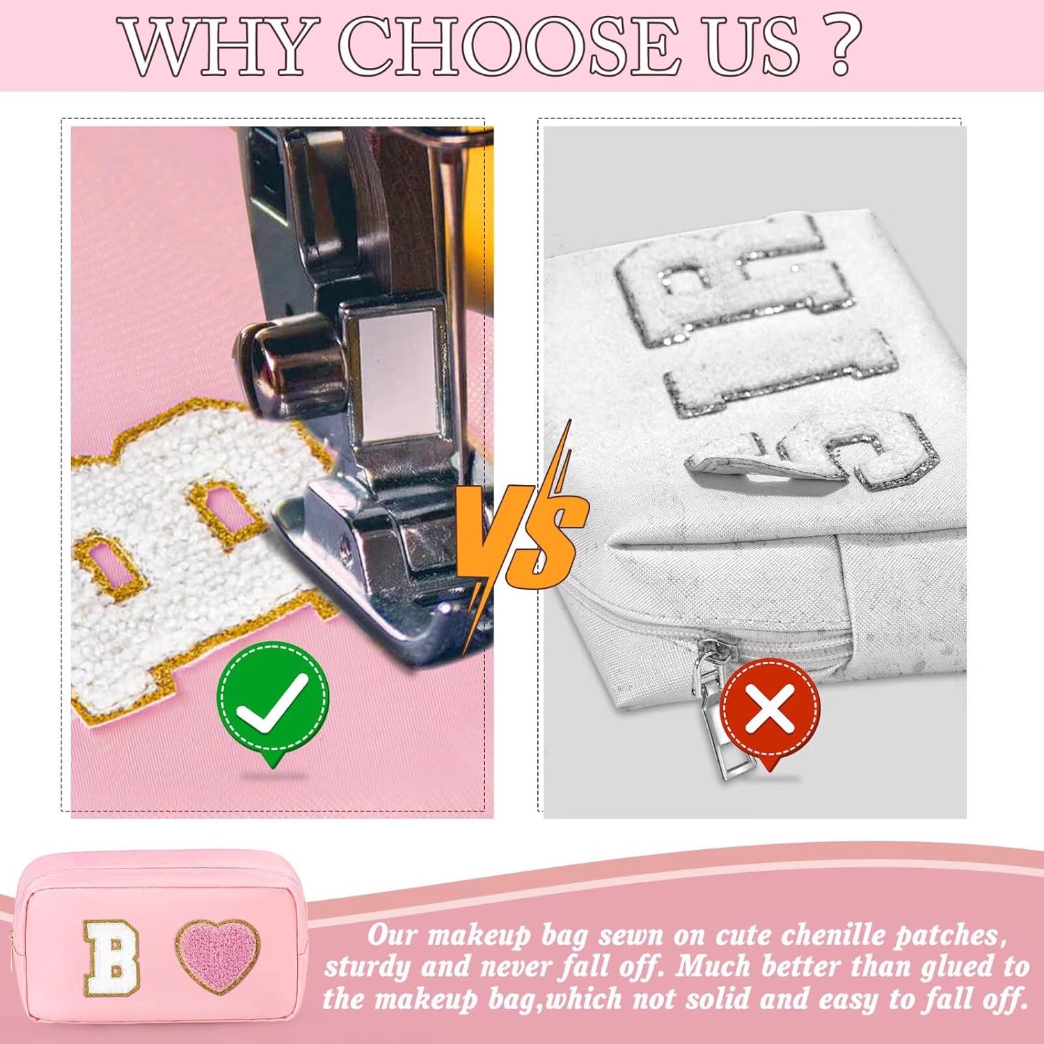 Neceser de cosméticos con letras de chenilla, bolsa de maquillaje inicial, bolsa de cosméticos de nailon impermeable, bolsa de maquillaje rosa,