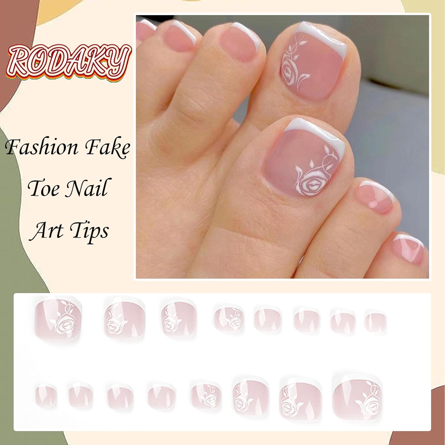 RODAKY Uñas postizas cuadradas francesas para mujer, con borde blanco francés, de cobertura completa, color rosa, flores, uñas postizas, uñas de