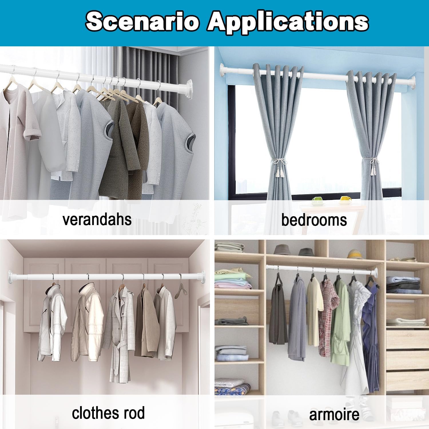 Barra de armario de 28 a 50 pulgadas, extensor de barra de armario sin taladrar para colgar, barra negra ajustable para colgar ropa, con soporte