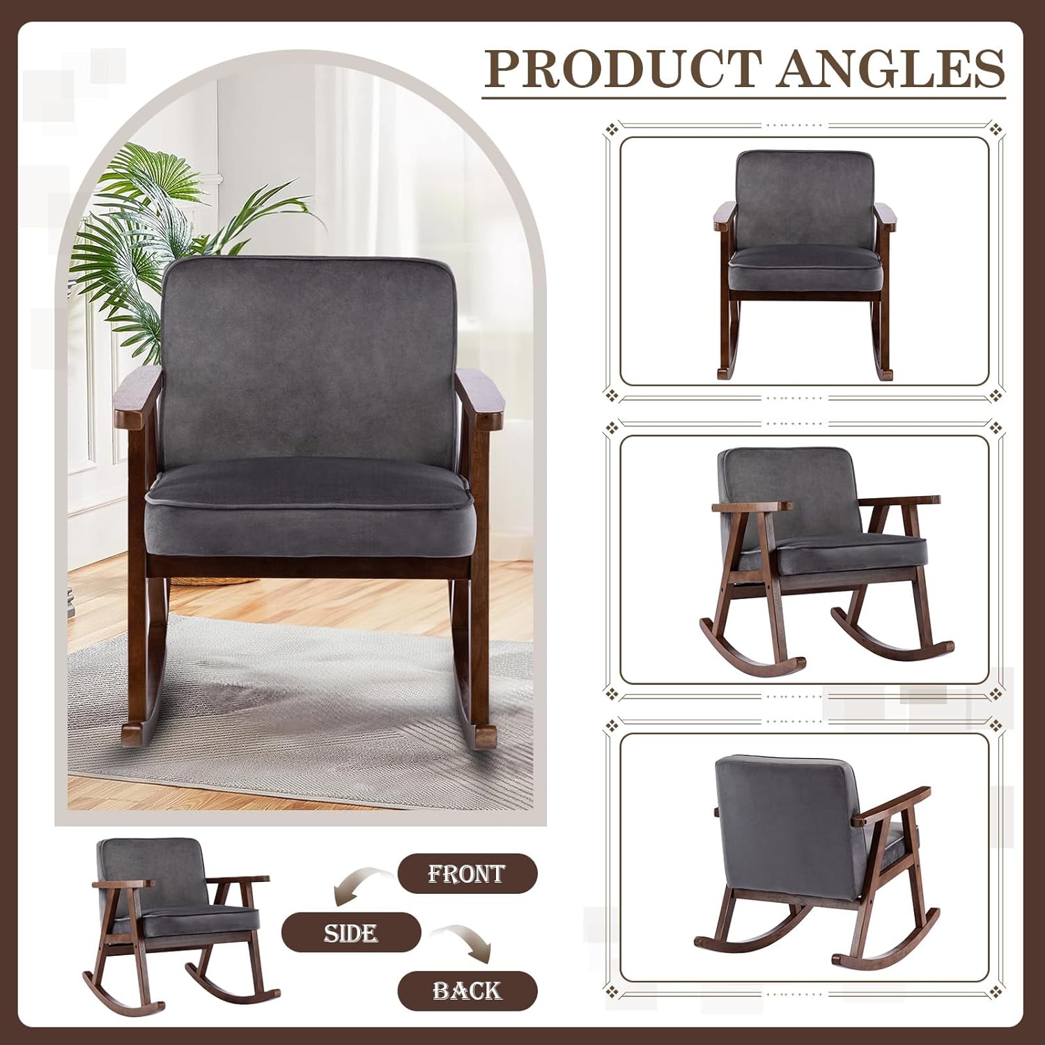 KINFFICT Mecedora tapizada, mecedora mecedora de mediados de siglo con patas de madera maciza, cómoda silla con brazo decorativo para sala de estar,
