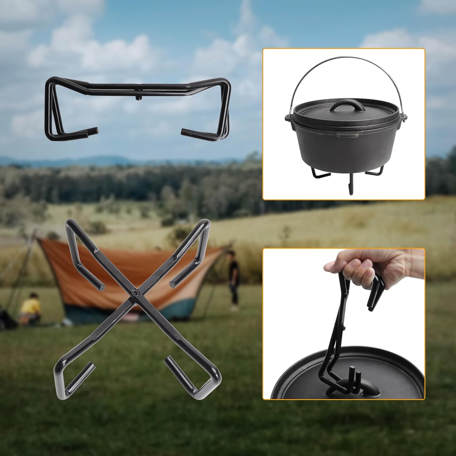Juego de cocina para exteriores, kit de fogata, equipo de cocina de campamento con trípode de fogata para horno holandés, olla de hierro fundido,