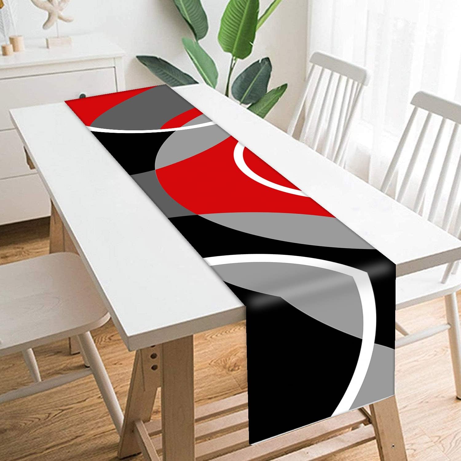 Camino de mesa negro, blanco, gris, rojo, patrón geométrico de líneas geométricas, camino de mesa de poliéster antideslizante para cocina, café,