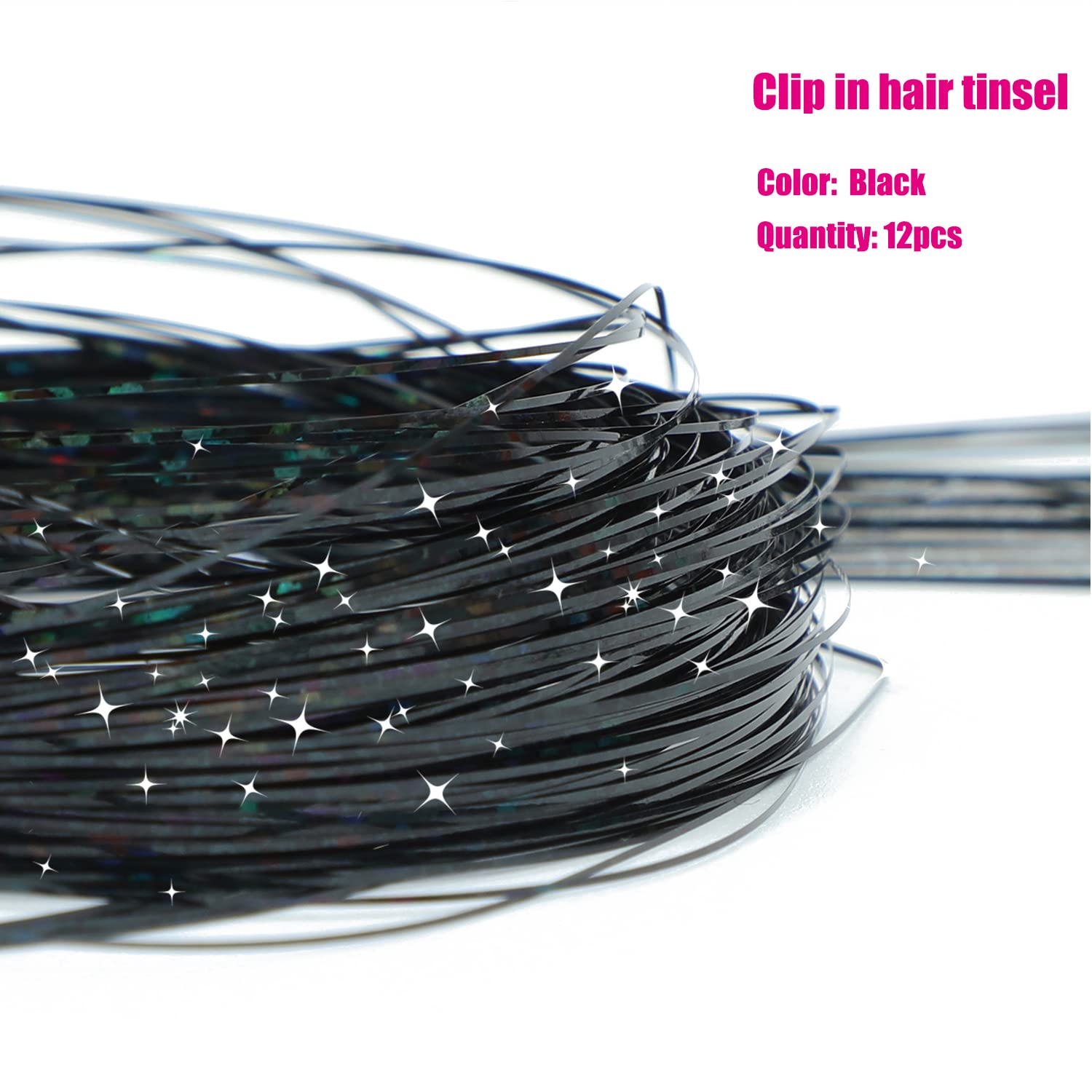 12 extensiones de cabello de oropel con clip de oropel con purpurina de 19.6 pulgadas, kit de oropel resistente al calor, accesorios de cabello de