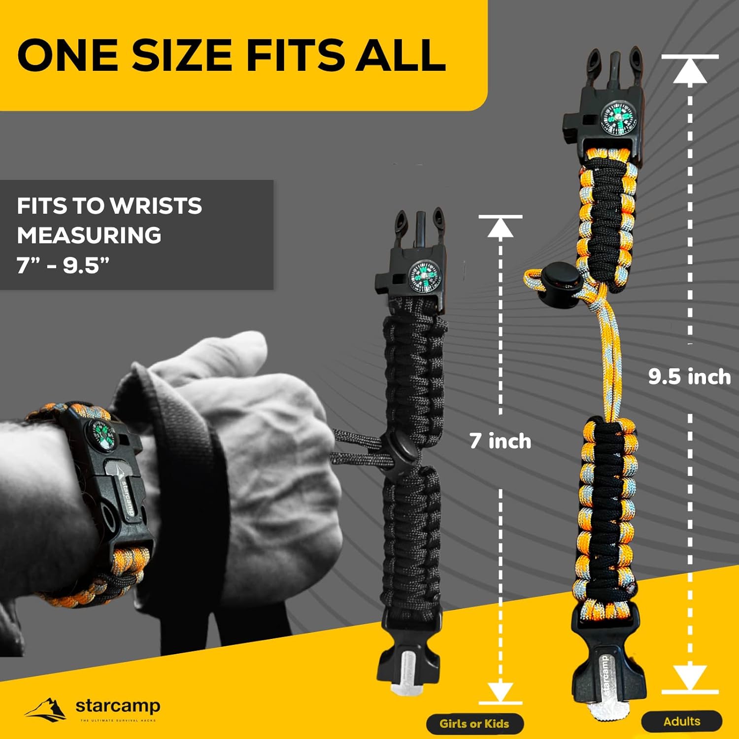 Starcamp – Pulsera de supervivencia de paracaídas, silbato fuerte, brújula de emergencia, raspador, accesorios para senderismo y campamento, paquete