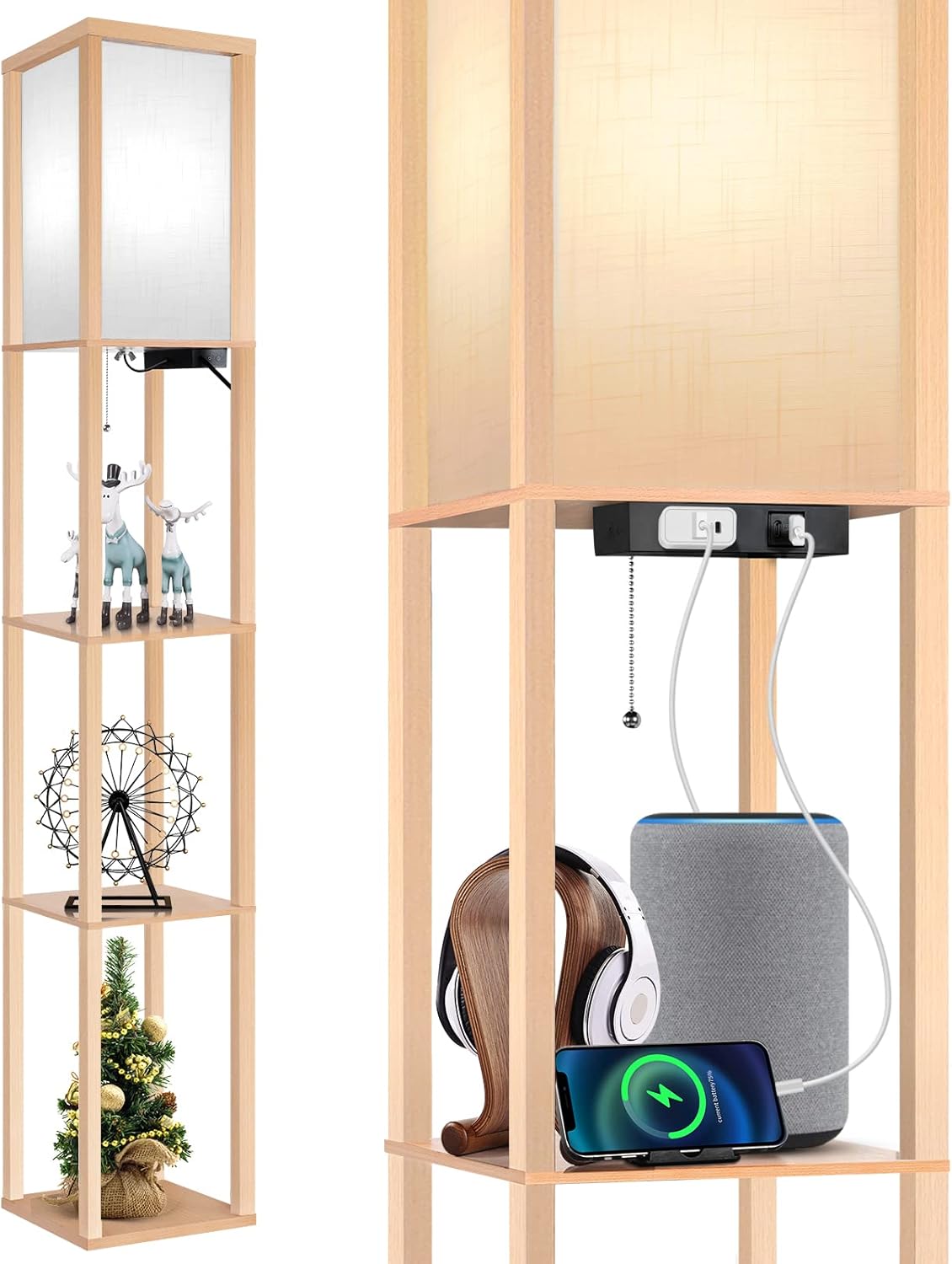 Outon – Lámpara LED de pie con estantes tipo columna, moderna y con puerto USB y toma de corriente, con almacenamiento hecho de madera, pantalla con