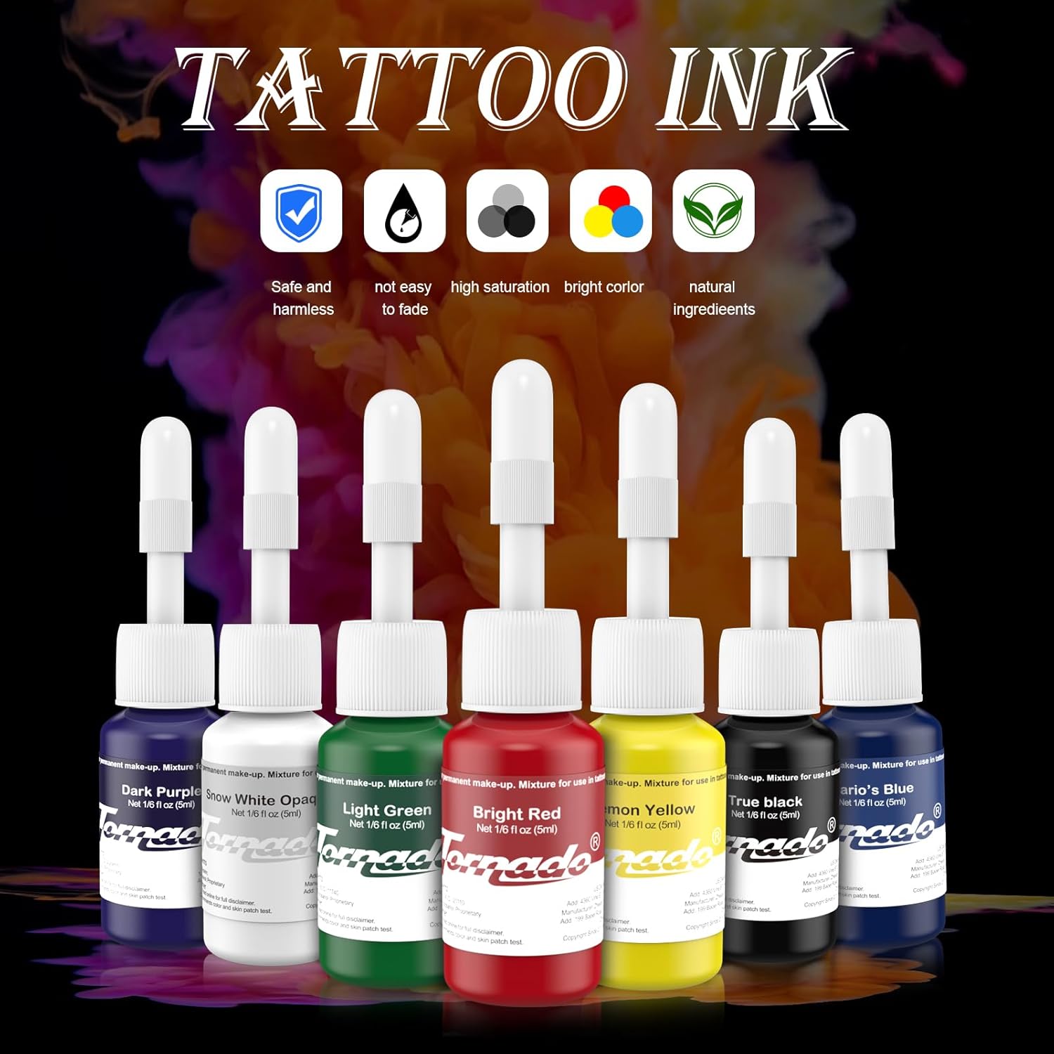 Juego de tinta de tatuaje, 7 colores de tinta de tatuaje permanente 0.2 fl oz0.18oz para suministros de tatuaje corporal TI4202-5-7