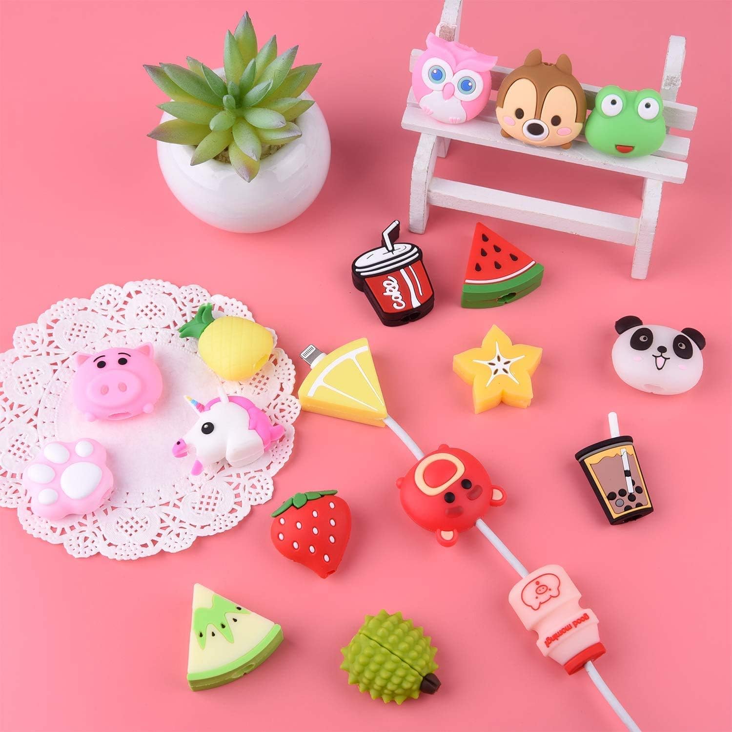 20 protectores de cable USB para iPhoneiPad, protectores de cable de plástico para lindas bebidas, frutas, dinosaurios, animales, protector de cable