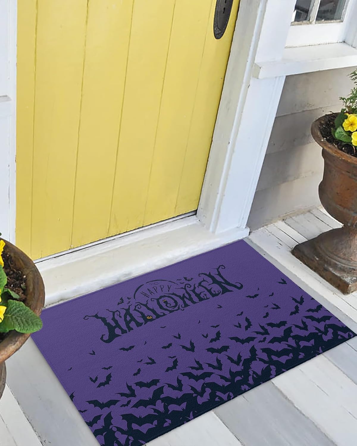 Tapete para puerta delantera, antideslizante, absorbente, para entrada, para interiores y exteriores, tapete pequeño, color morado, para Halloween,