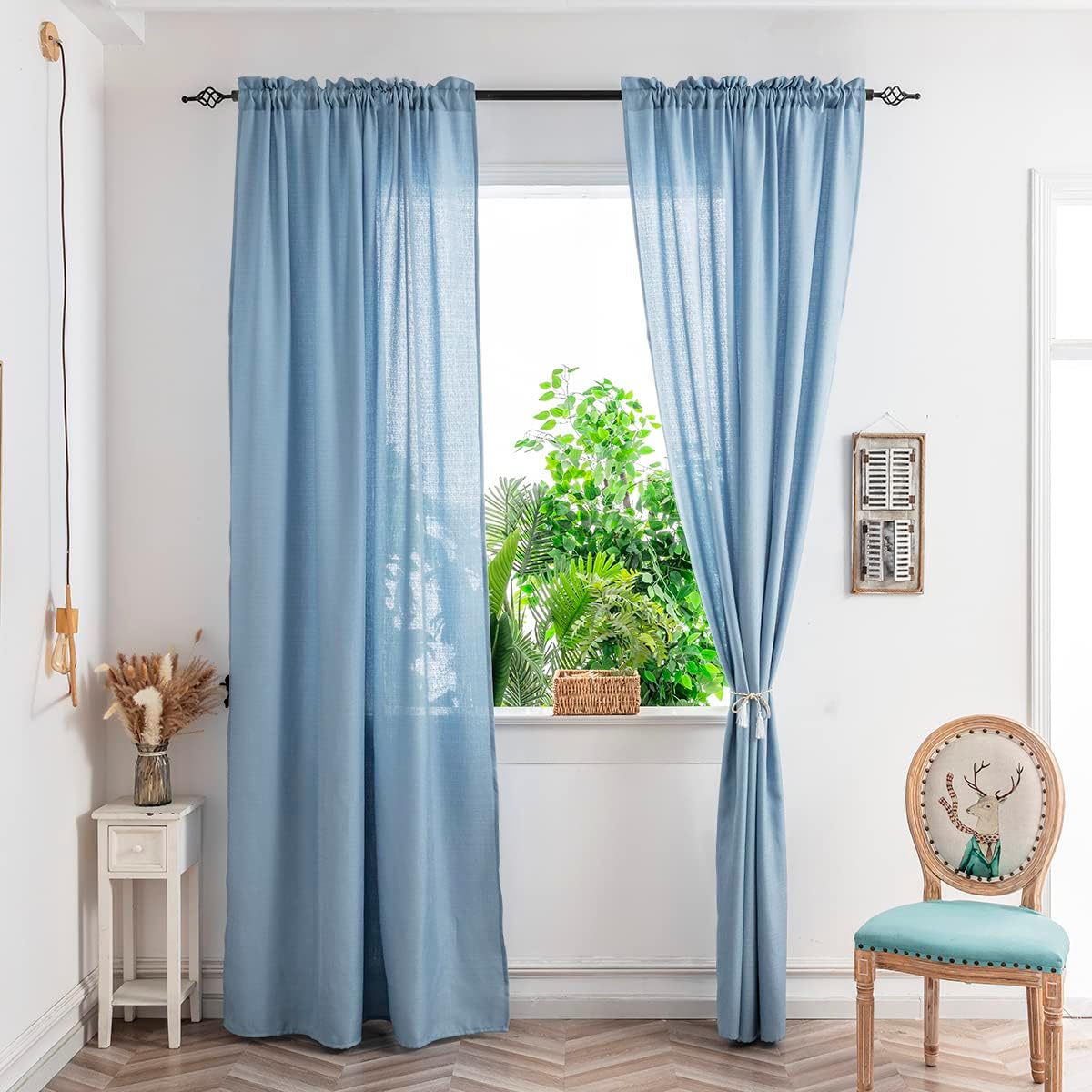 Yancorp Cortinas azules de 84 pulgadas de largo para sala de estar, 2 paneles de lino con textura, juego de cortinas semitransparentes filtrantes de