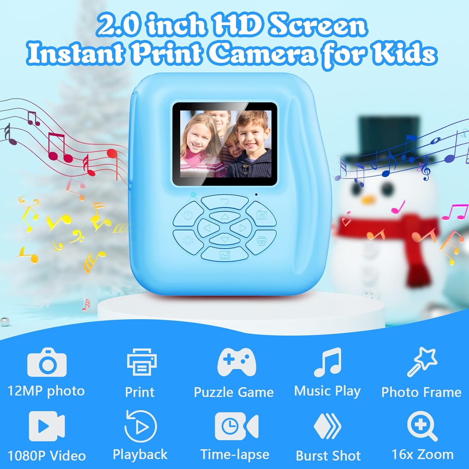 Cámara de impresión instantánea para niños, cámara digital 1080P, teléfono de video selfie conectado, regalo ideal para niños y niñas de 3 a 12 años