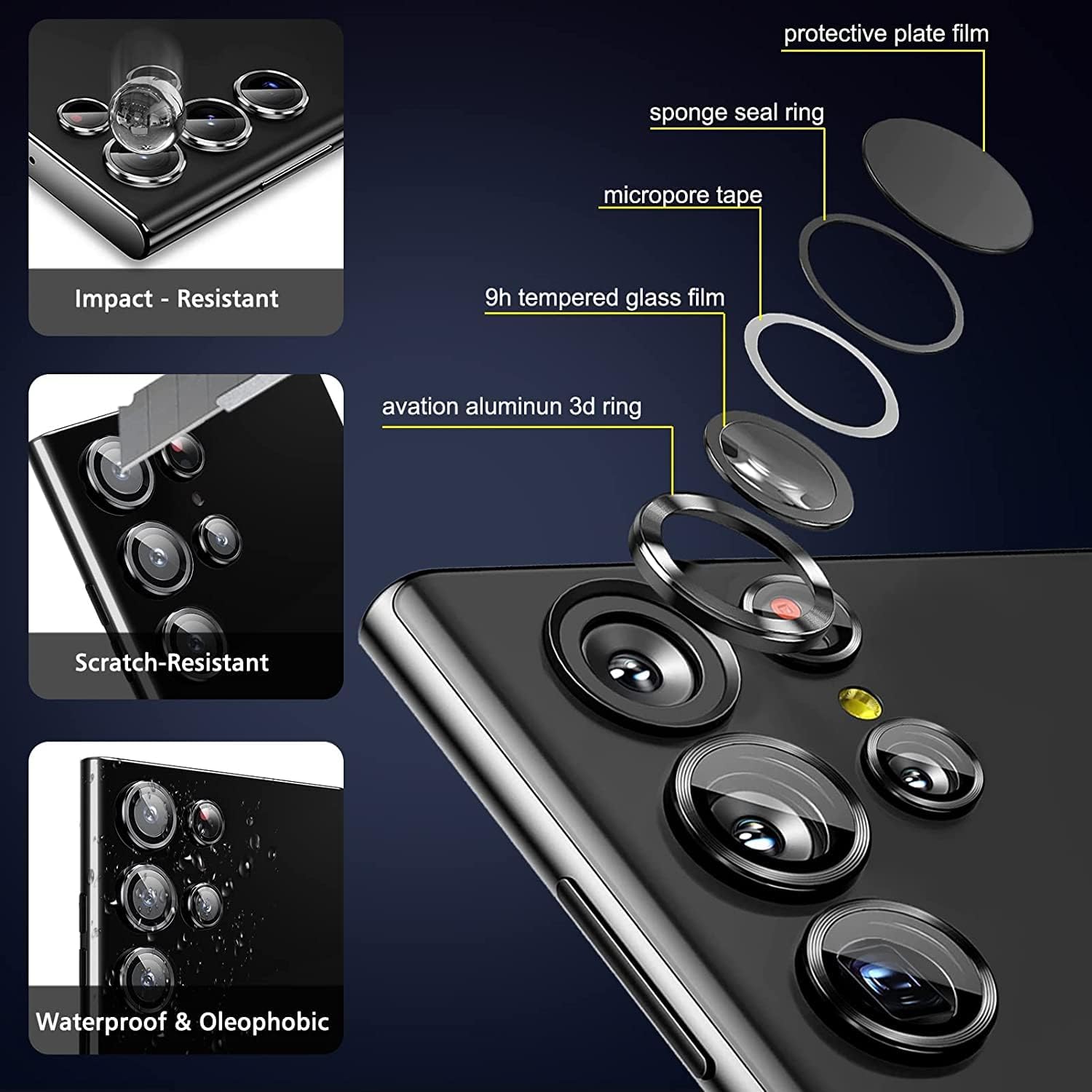 IMBZBK Protector de lente de cámara de vidrio templado para Samsung Galaxy S23 Ultra, 5+5 unidades, color negro