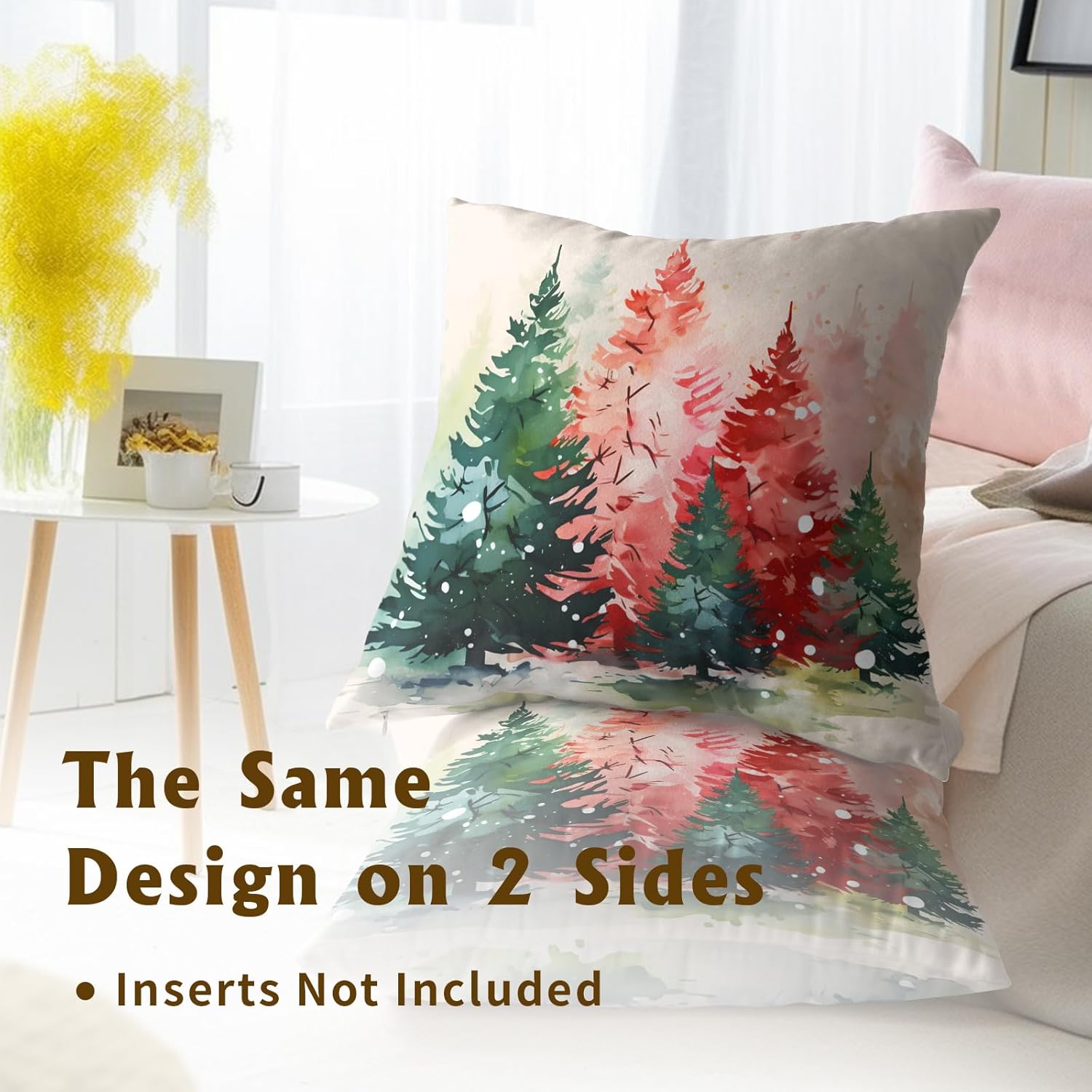 Juego de 2 fundas de almohada con diseño de acuarela para árbol de Navidad, color rojo y verde, para decoración del hogar, sofá, cama, 16 x 16