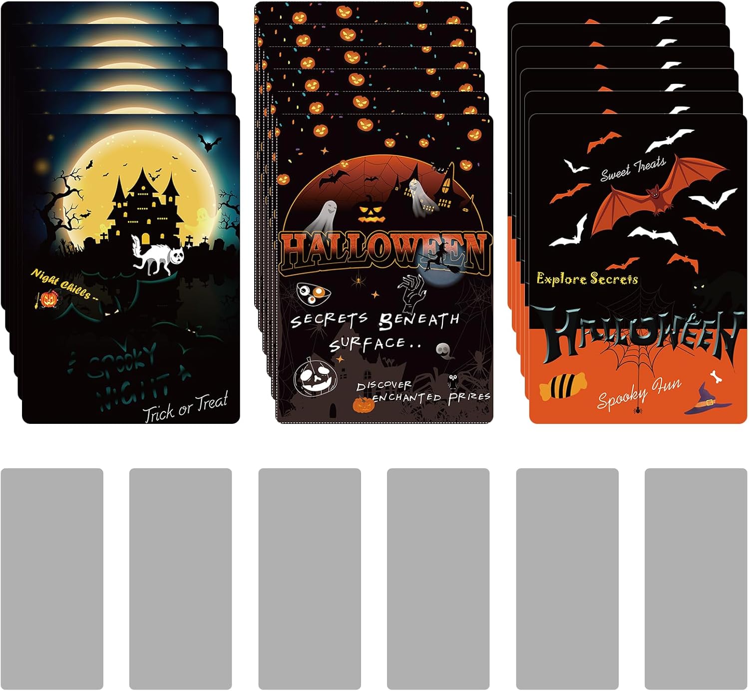 18 tarjetas rascadoras para niños y adultos, 3 divertidos diseños de Halloween, tarjetas de lotería de actividades de calabaza, fantasma y monstruo,