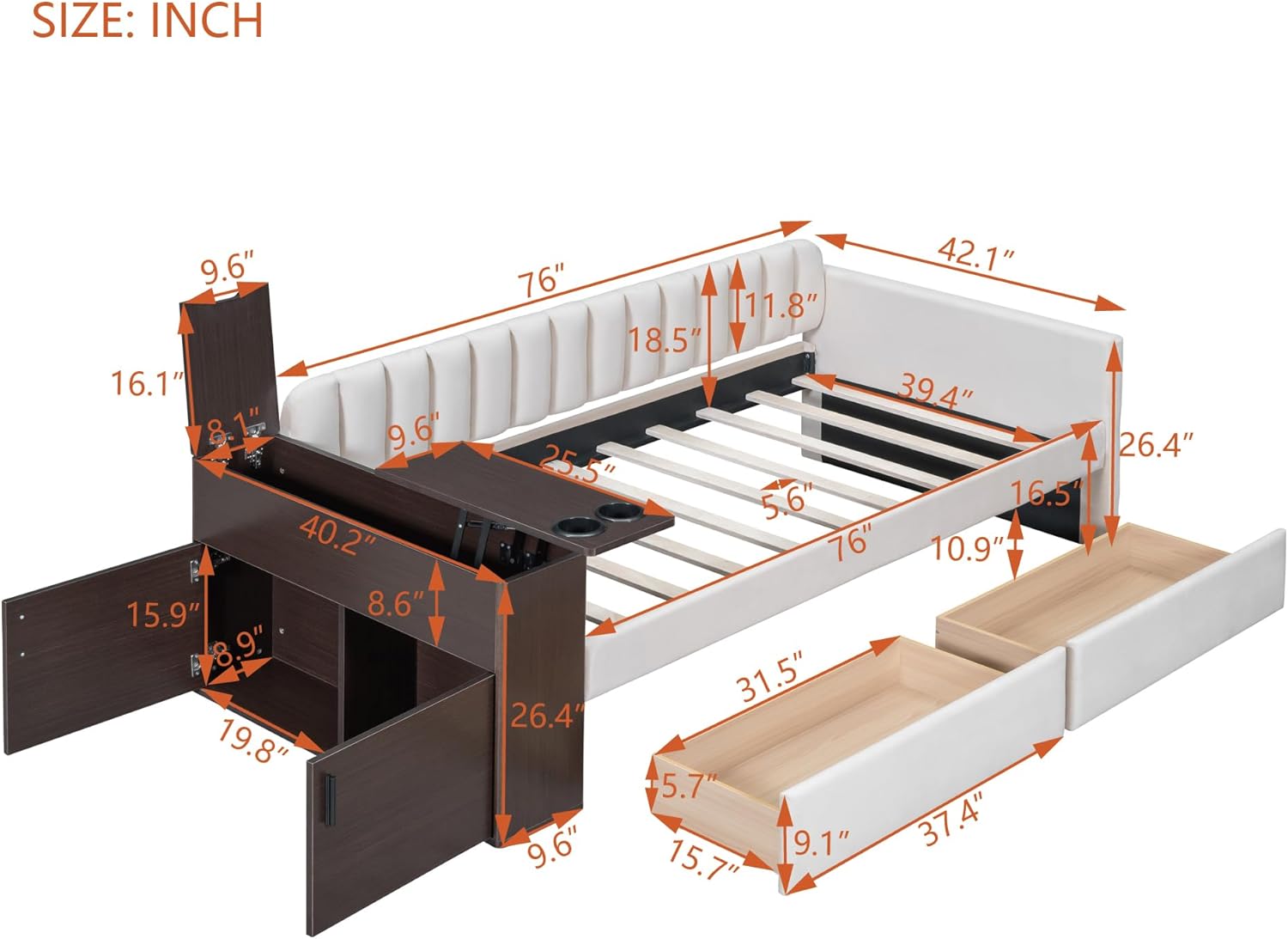 Sofá cama tapizado con reposabrazos de almacenamiento y 2 cajones, sofá cama multifuncional de terciopelo con portavasos y un juego de puertos USB y