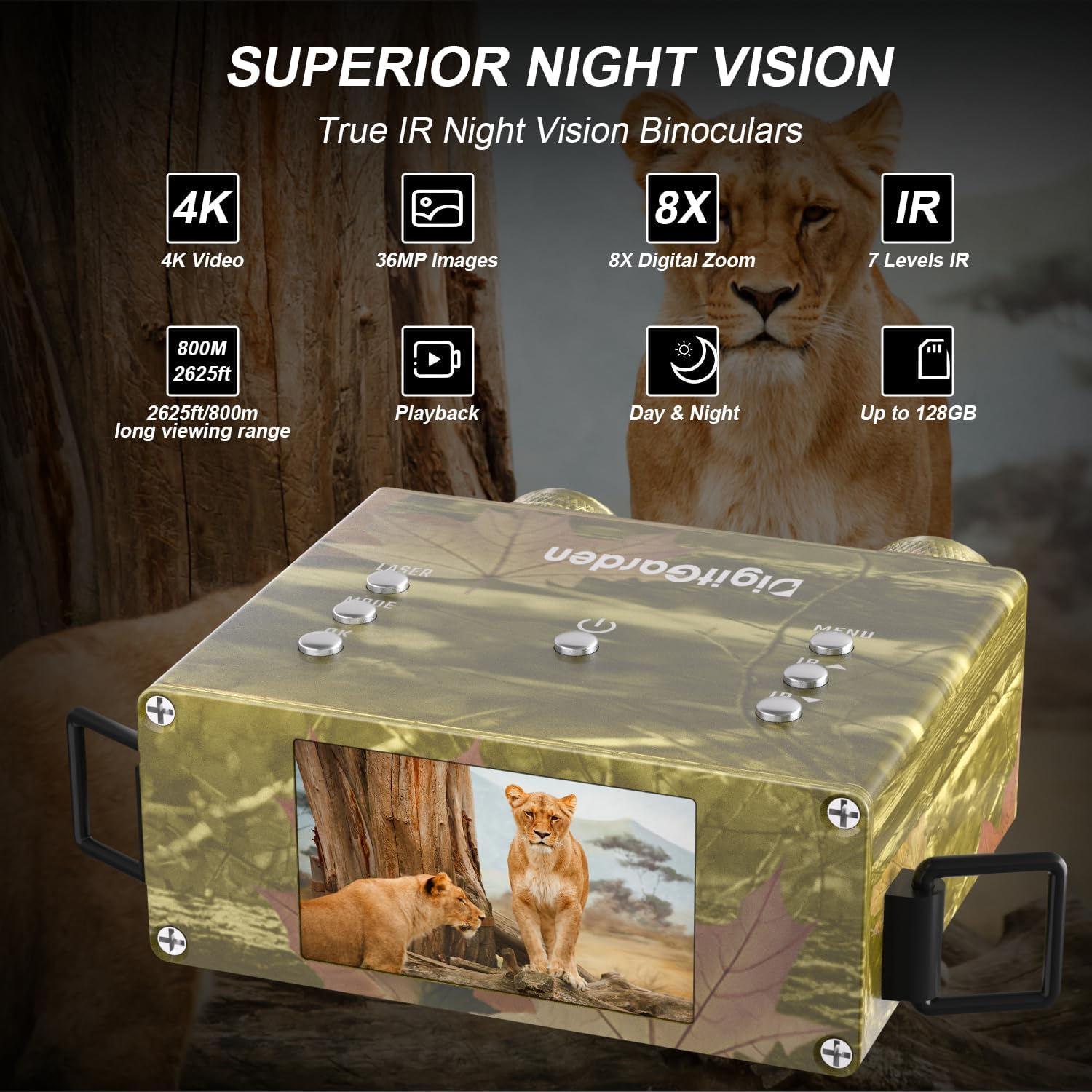 Digitgarden Gafas digitales de visión nocturna, prismáticos 4K con zoom digital 8X, infrarrojo superior de 3.5 W, sensor COMS de alta sensibilidad