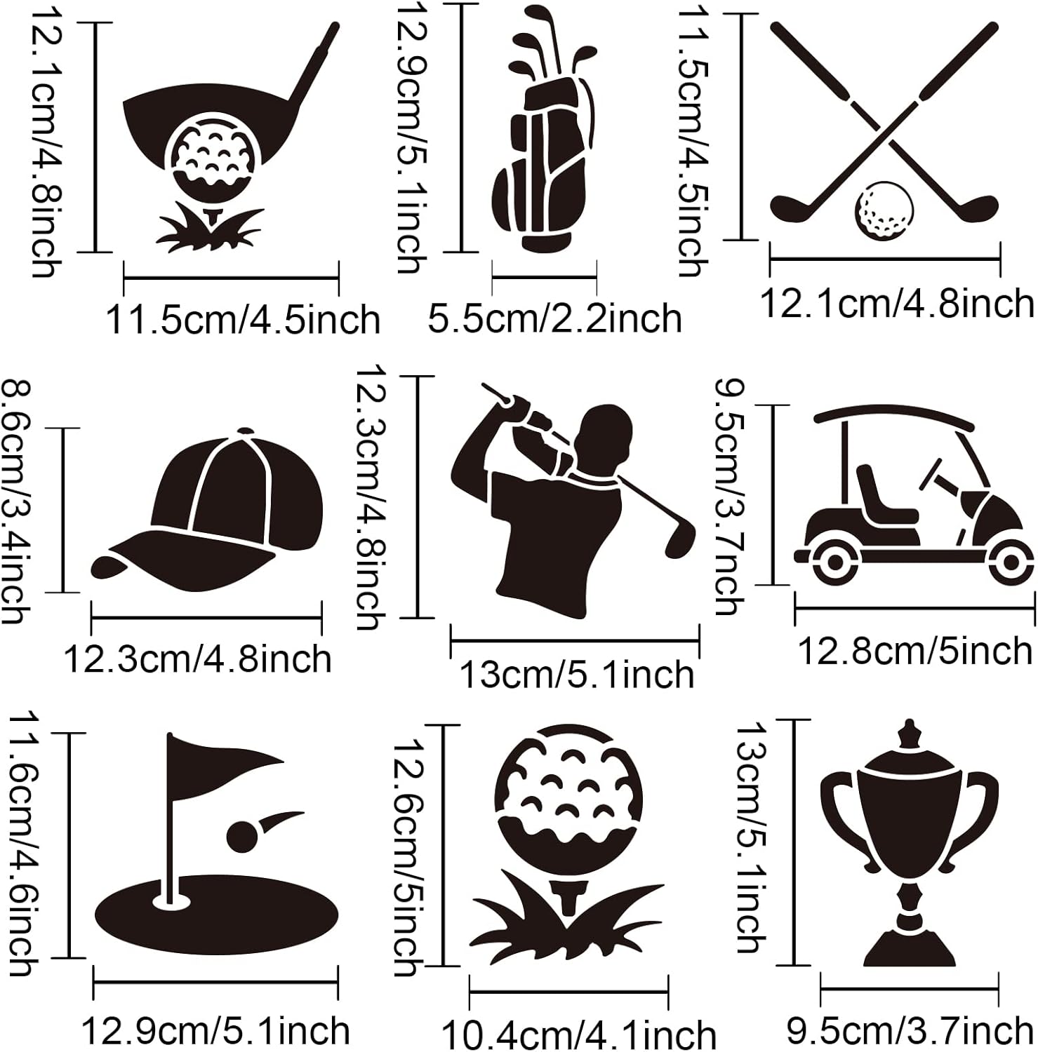 Juego de 9 plantillas de golf para carrito de golf, bolsa de golf, accesorios de golf, plantilla de pelota de golf, 6 x 6 pulgadas, material PET