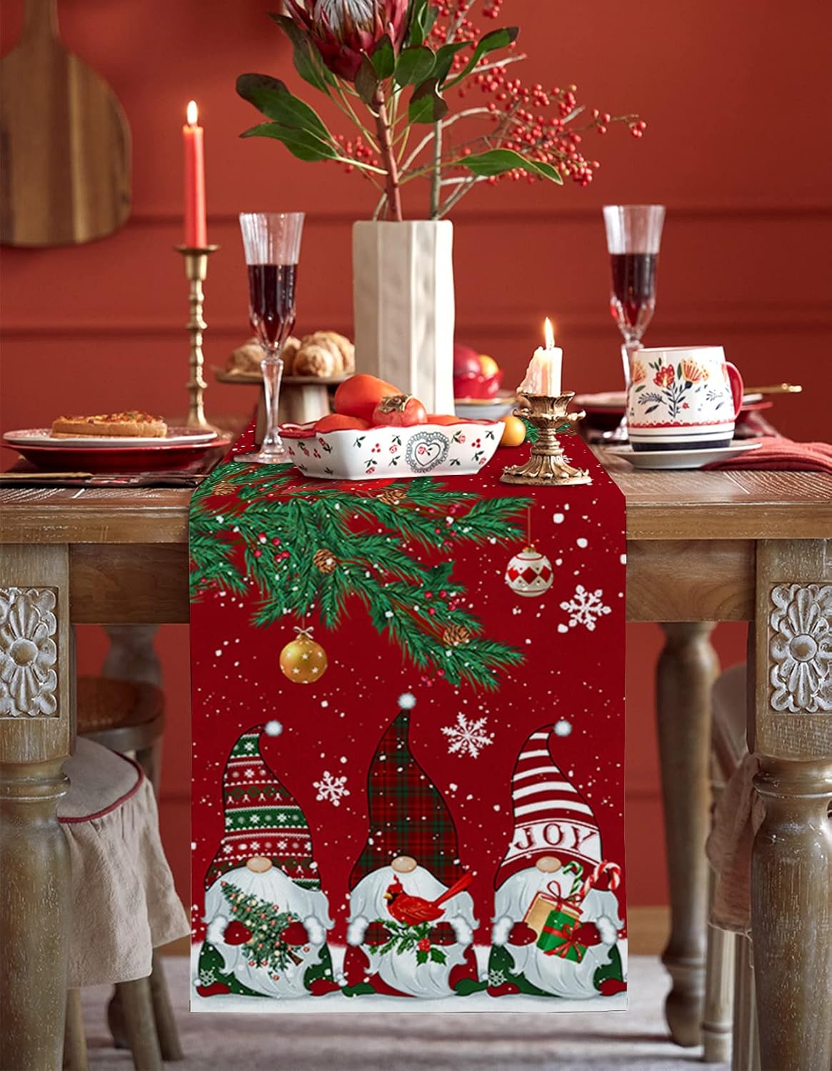 Camino de mesa rojo de Navidad de 36 pulgadas de largo, gnomos de Navidad, cardenales, de algodón, lino, decoración de mesa de comedor para bodas,