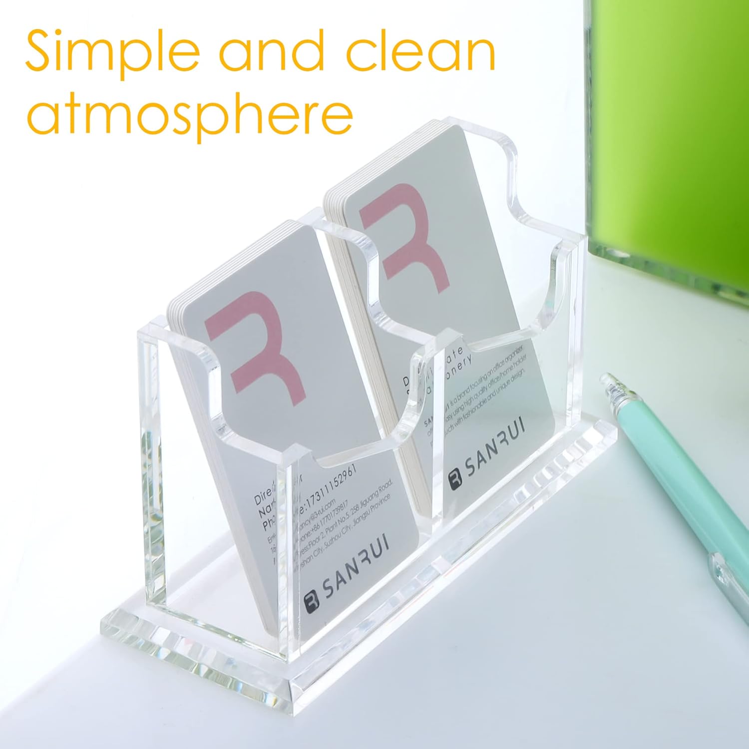 SANRUI Soporte vertical para tarjetas de visita para escritorio, soporte de acrílico transparente para tarjetas de presentación, 2 ranuras de 1