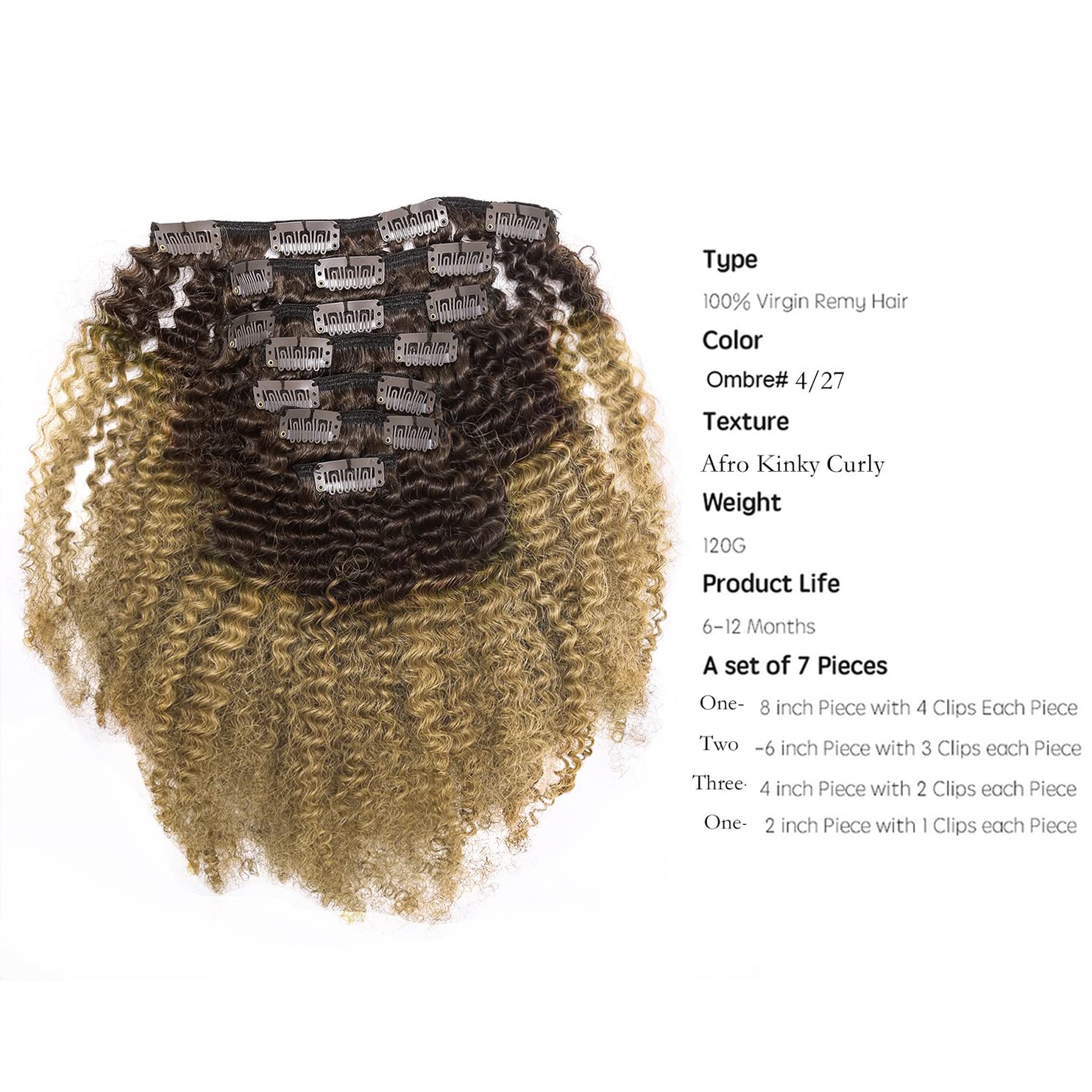 Ombre Remy Extensiones de cabello humano en clip Afro Kinky Curly 4B 4C 100% Extensiones de Cabello Negro Natural de 10 -22 pulgadas  25.4 – 55.88