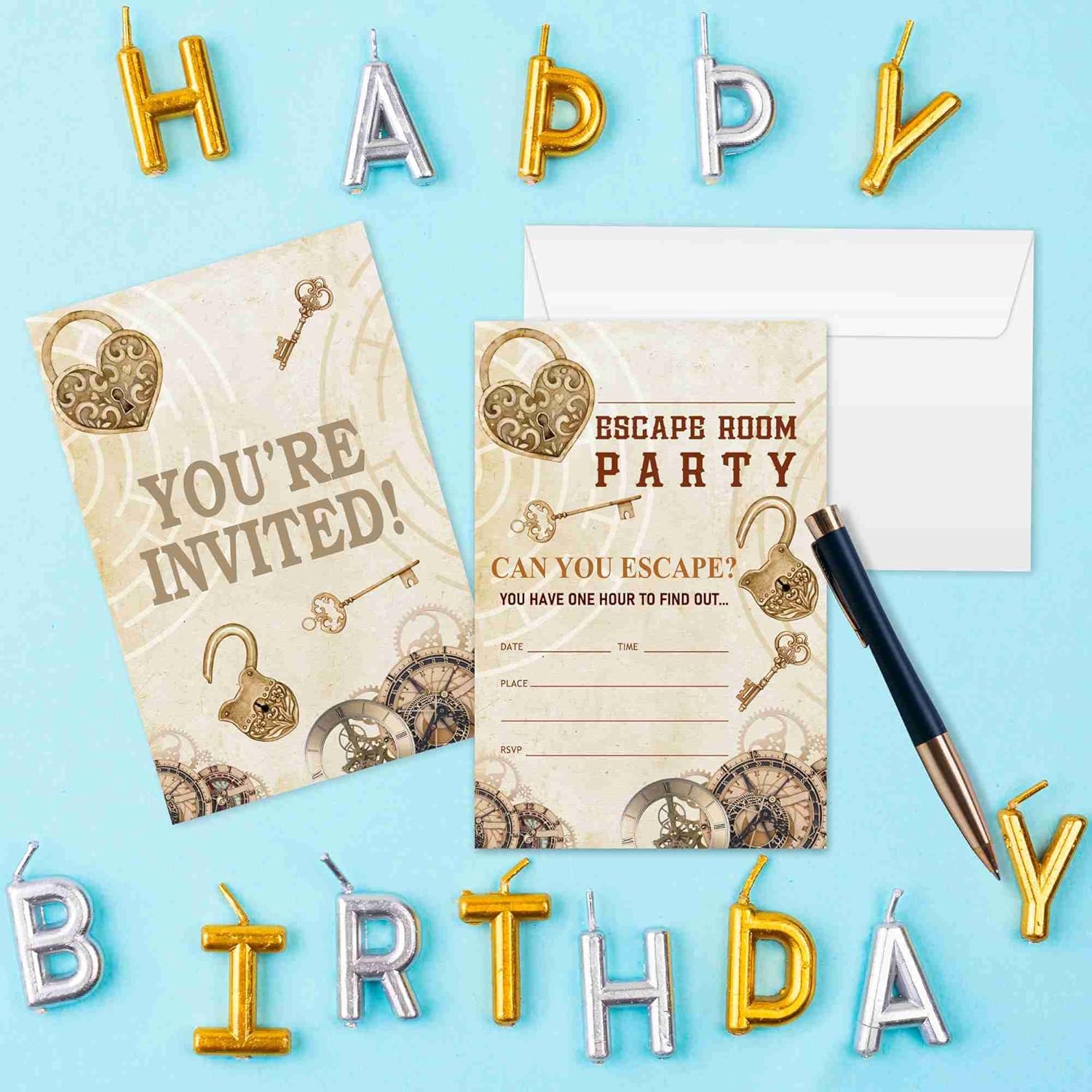 20 invitaciones misteriosas de cumpleaños con sobres, relleno de sala de escape, tarjetas de invitación de cumpleaños para niños y niñas,