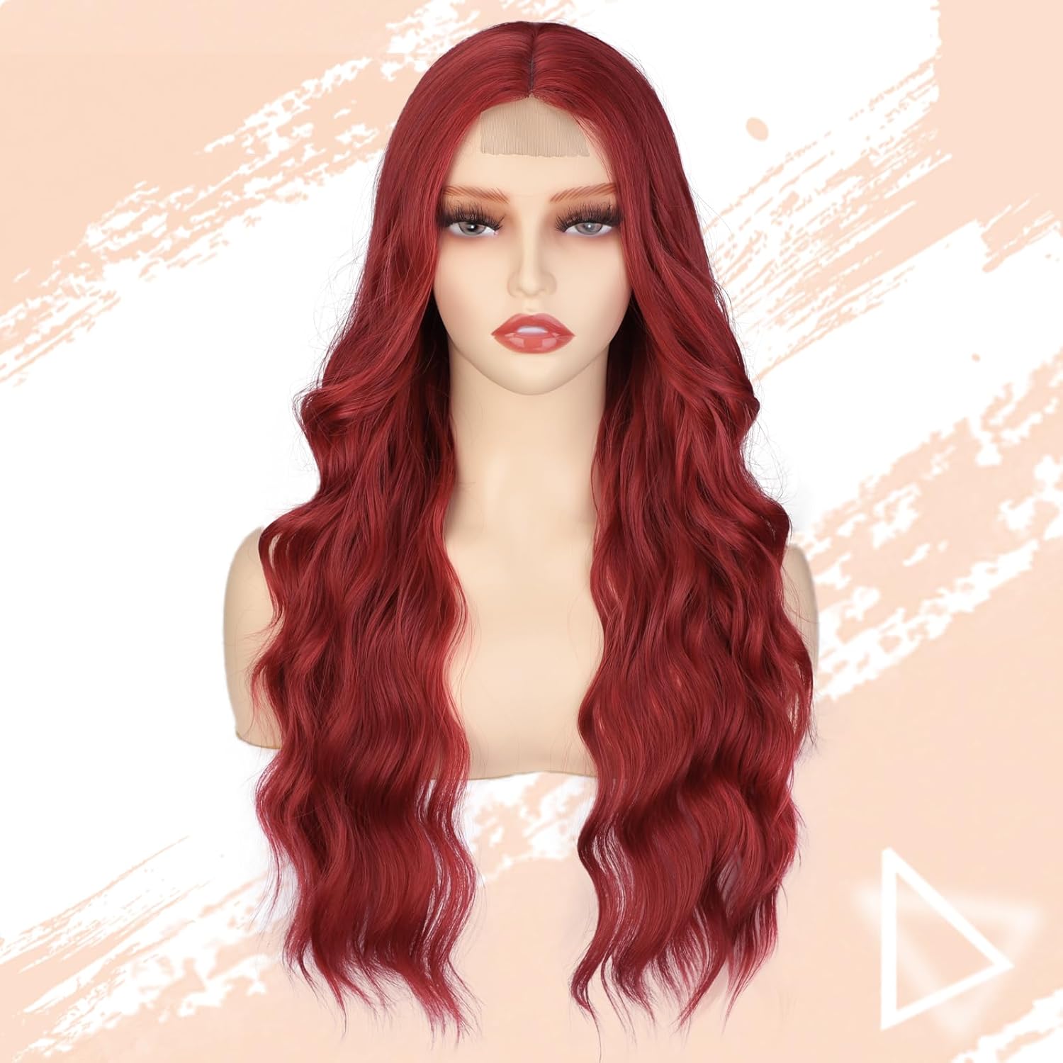 AISI QUEENS Peluca roja larga ondulada roja para mujer, 24 pulgadas, cabello ondulado con raya en medio, resistente al calor, peluca rizada de fibra