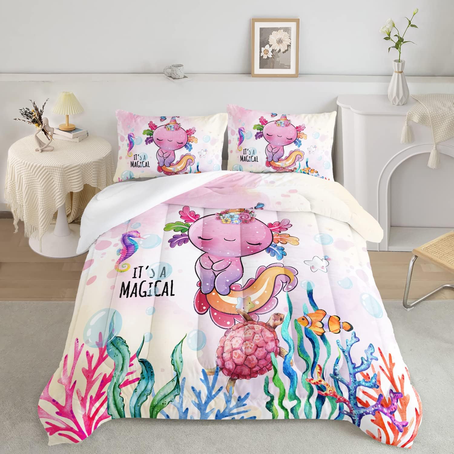 CVHOUSE Axolotl – Juego de edredón tamaño matrimonial, juego de ropa de cama de ajolote de dibujos animados para niños, lindo juego de edredón de