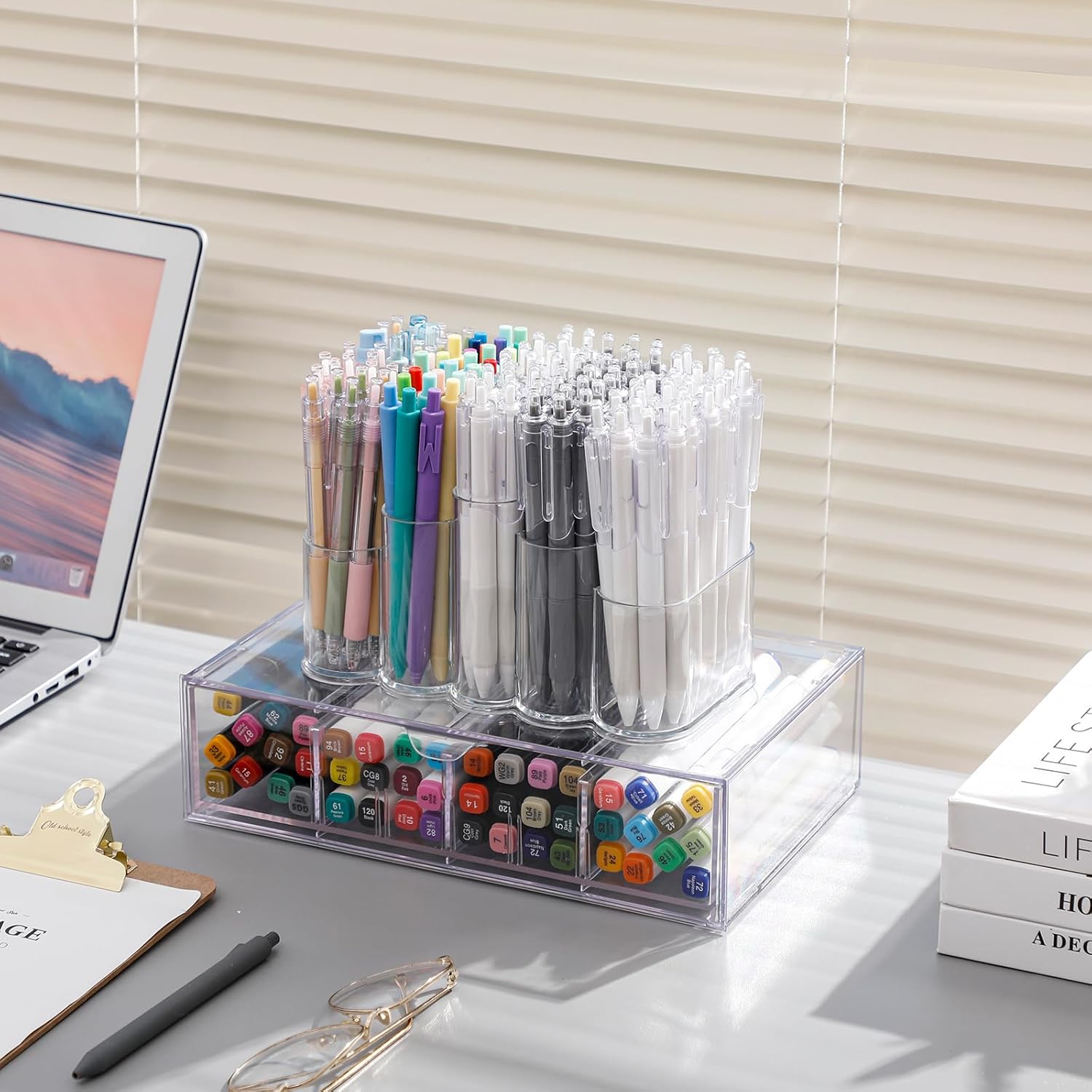 Yesesion Soporte transparente para bolígrafo para escritorio, vaso de plástico con 5 compartimentos para marcador, bolígrafos, accesorios de arte y