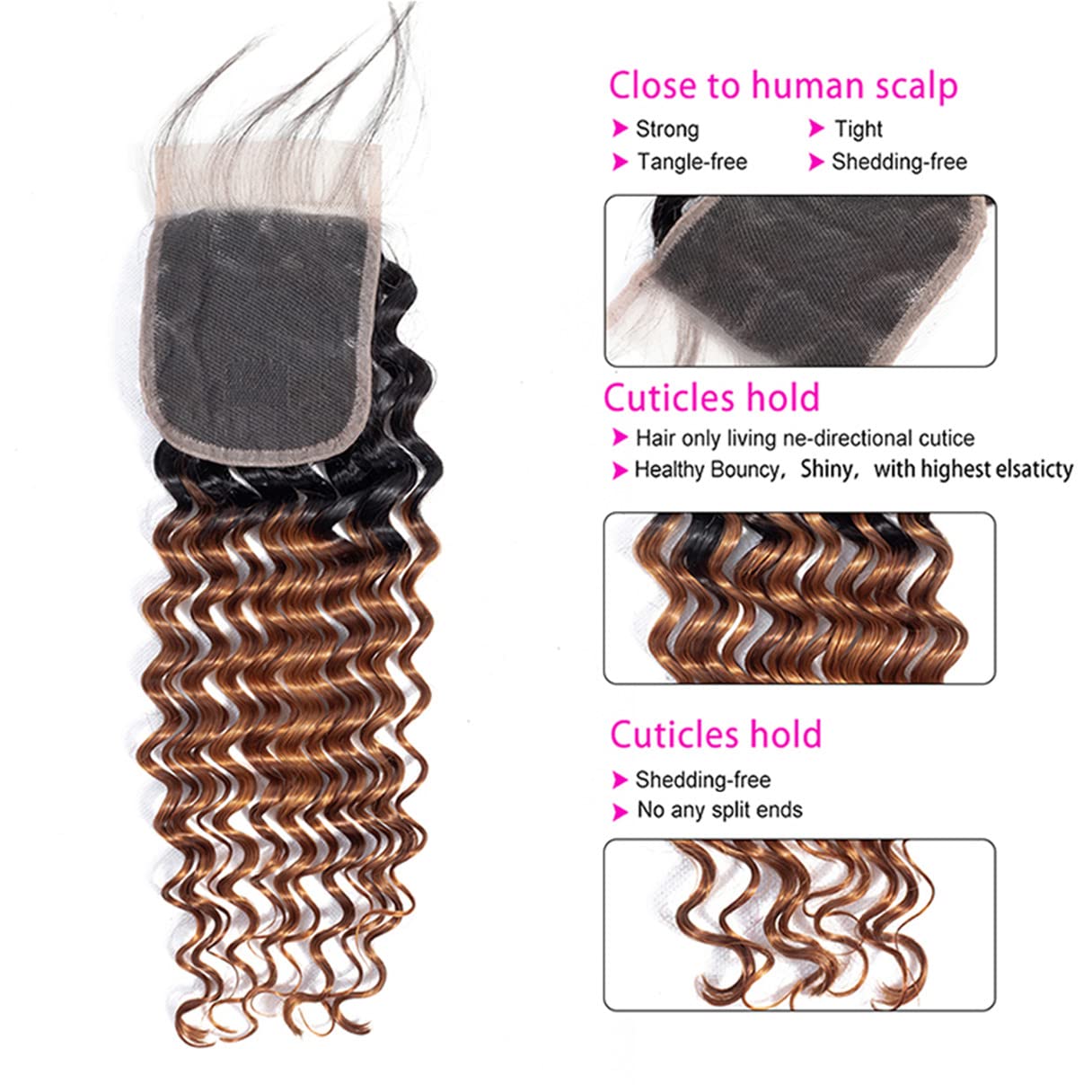 Ombre rubio miel 1B 30 onda profunda 4×4 cierre de encaje 100% cabello humano virgen brasileño sin procesar rizado profundo línea de cabello
