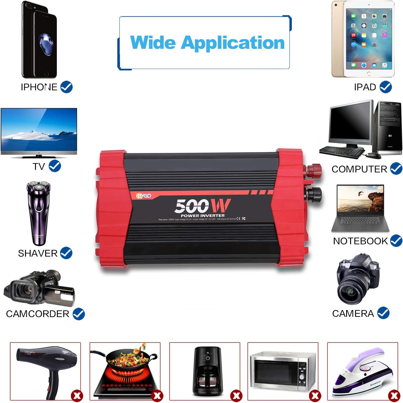 BYGD Inversor de corriente de automóvil de 500 W convertidor de corriente continua de 12 V a 110 V doble toma de corriente con 31 A 4 puertos USB - Imagen 3