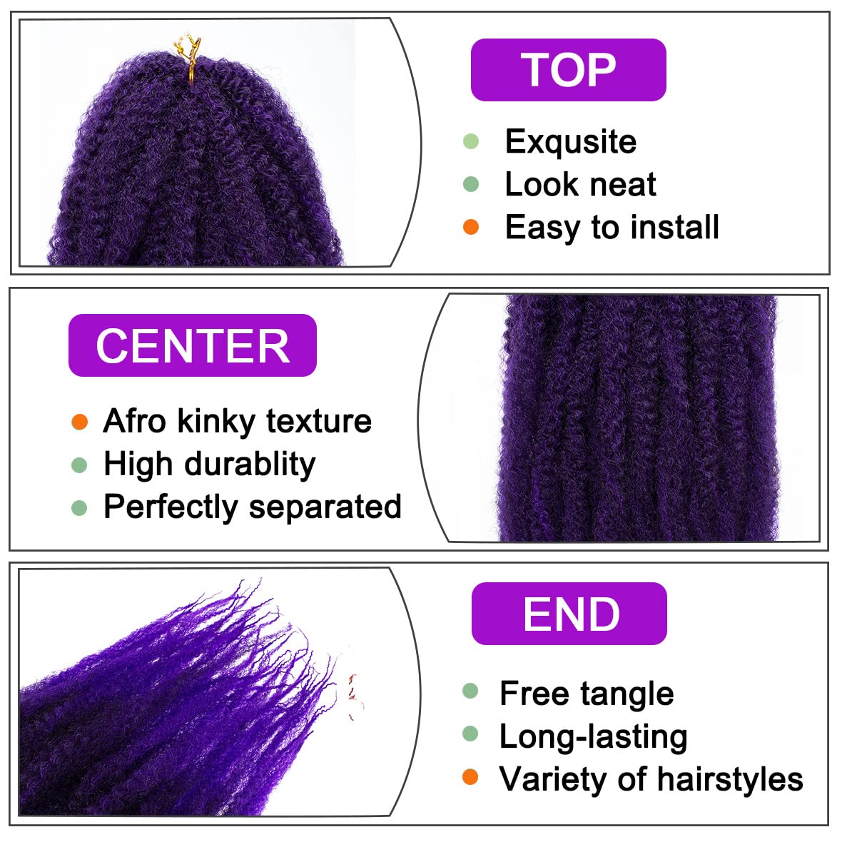 ZRQ 8 paquetes de cabello trenzado con rizos Marley Morados, 18 pulgadas, cabello afro rizado Marley Twists, cabello rizado suave (púrpura, 8