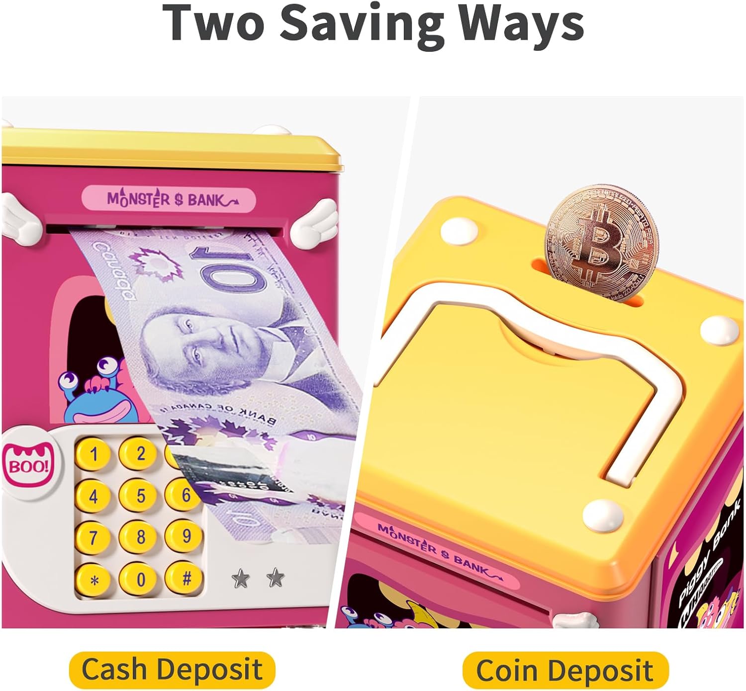 Deejoy Alcancía para niños, mini cajero automático electrónico con contraseña personal y desbloqueo de huellas dactilares, música y luz nocturna, el