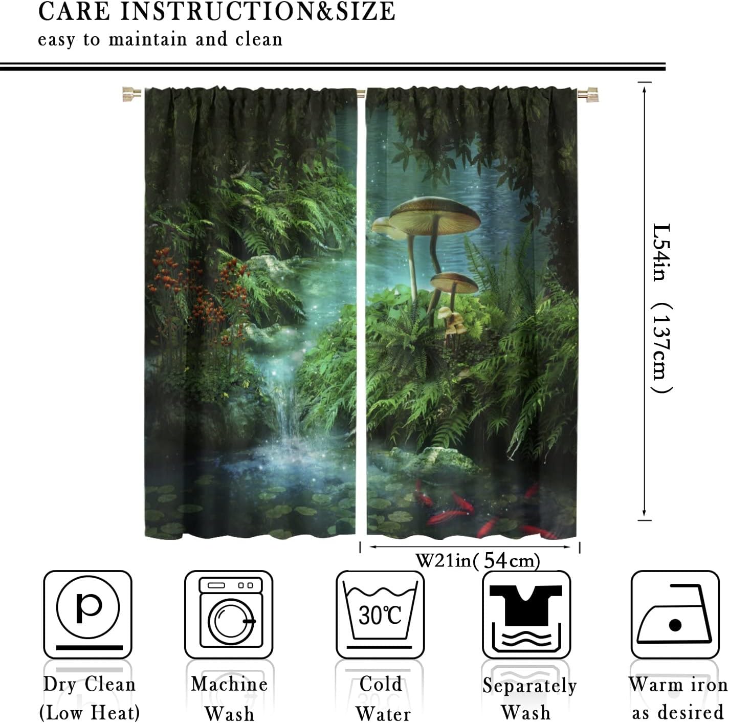 Cortinas de selva de ensueño, cuento de hadas verdes, bosque, estanque, helecho, planta de helecho, pez dorado rojo y hongo, adecuadas para sala de