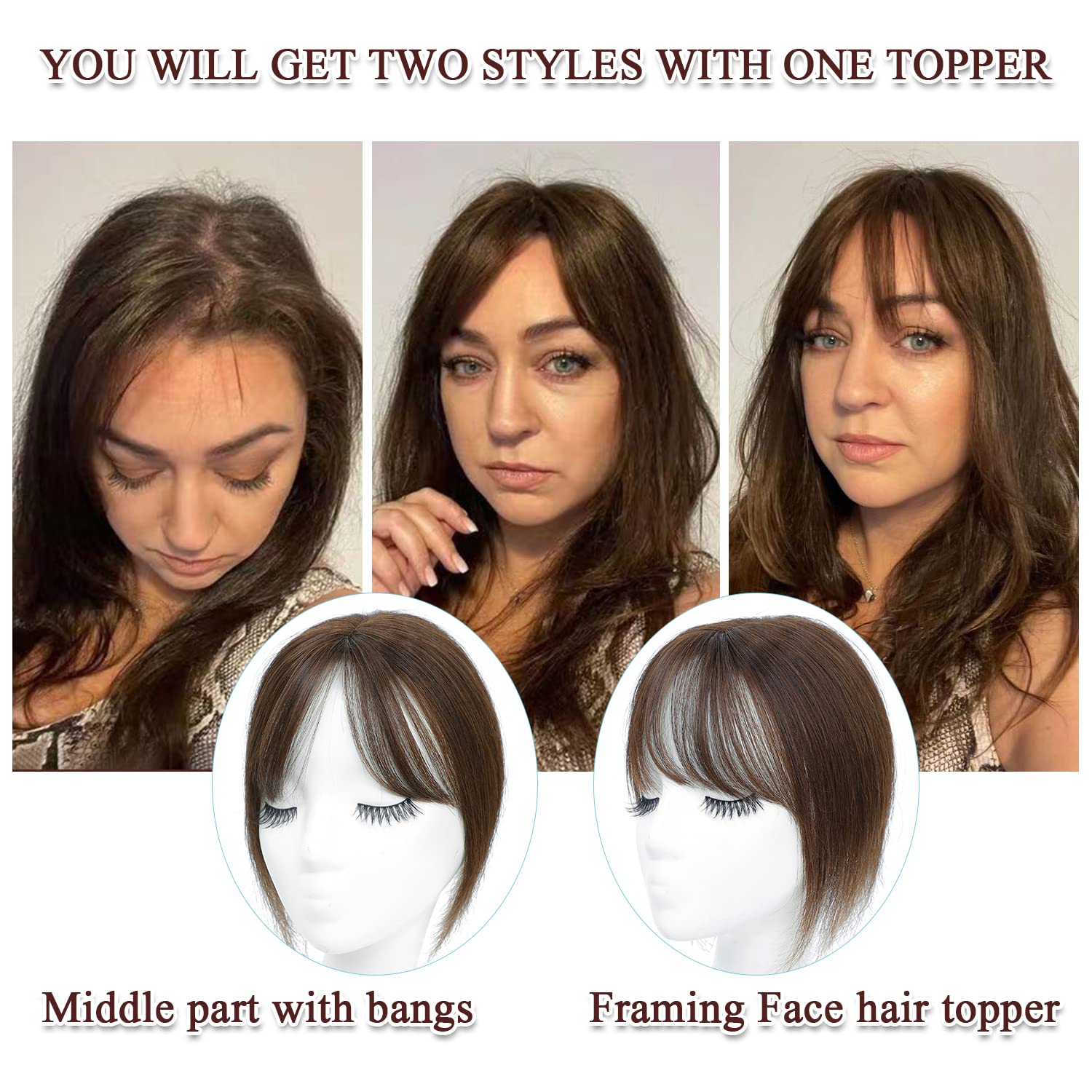 UDU Toppers para el cabello para mujer, adornos de cabello humano real para mujeres con cabello fino, adornos marrones, pasteles de pelo con